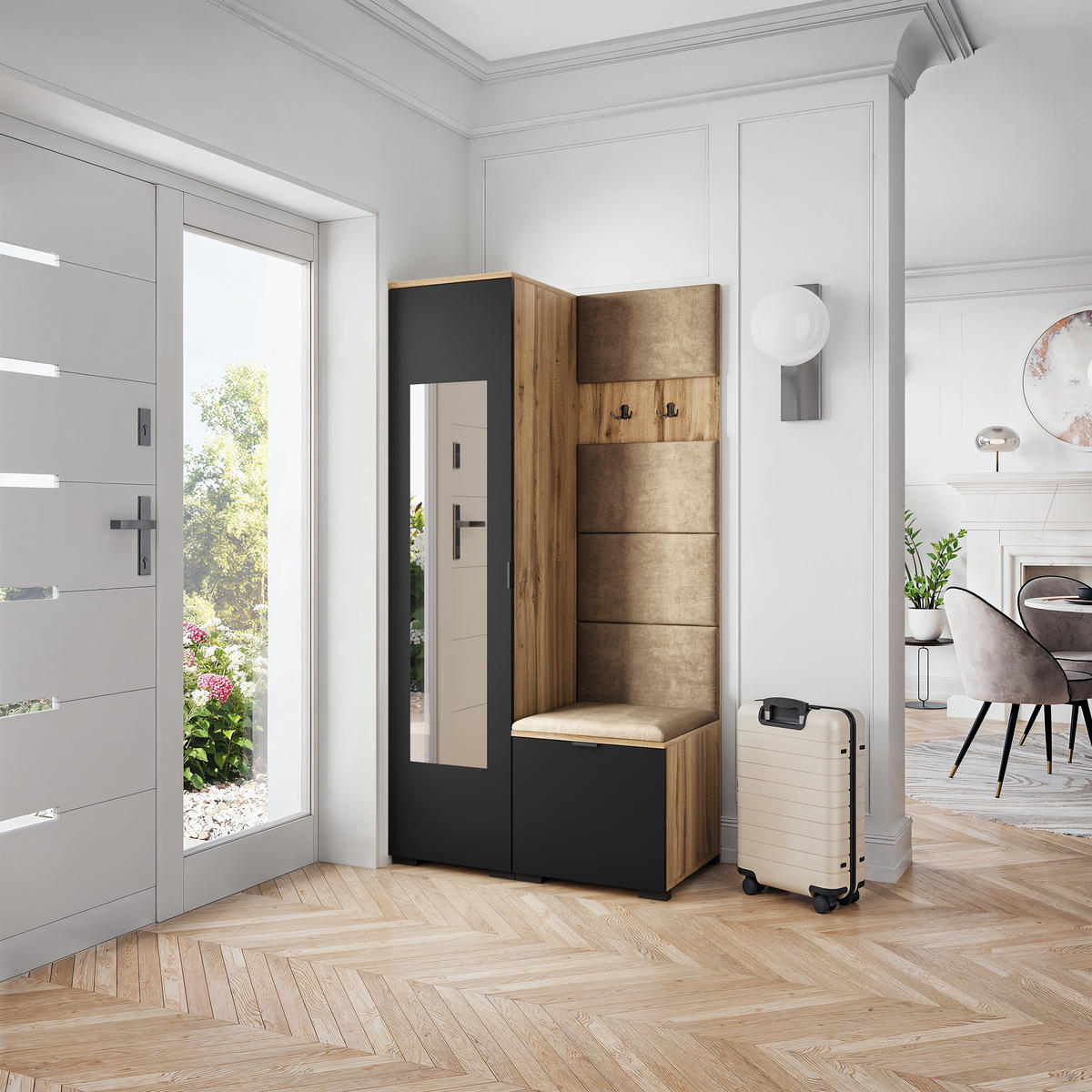 GARDEROBENSCHRANK VIRA 95/181/51 cm Modern Garderobe-Set Eiche Wotan - Beige/Eiche Wotan, Holzwerkstoff (95/181/51cm) - MASSENO