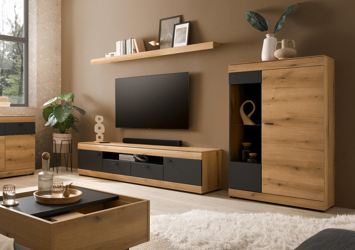 WOHNWAND Eiche, grau 300 cm 3-teilig, Schrankwand mit Soft-Close - Kaschmir/Eichefarben, Glas/Holzwerkstoff (300/170/45cm) - Furn.Design