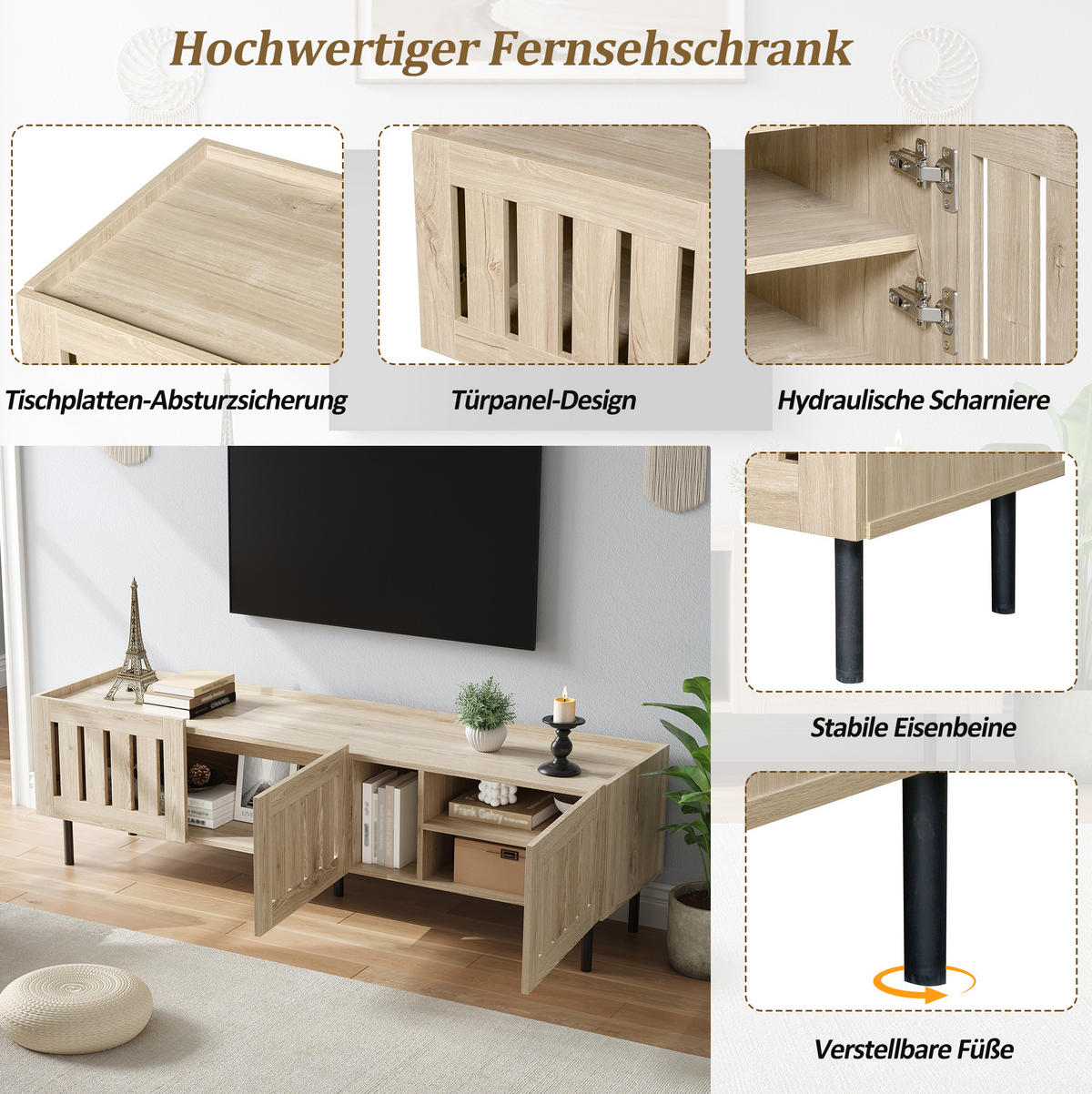 TV-LOWBOARD 160/40/47 cm Natur aus MDF mit Lamellentüren - Hellbraun, Holzwerkstoff (160/47/40cm) - OKWISH