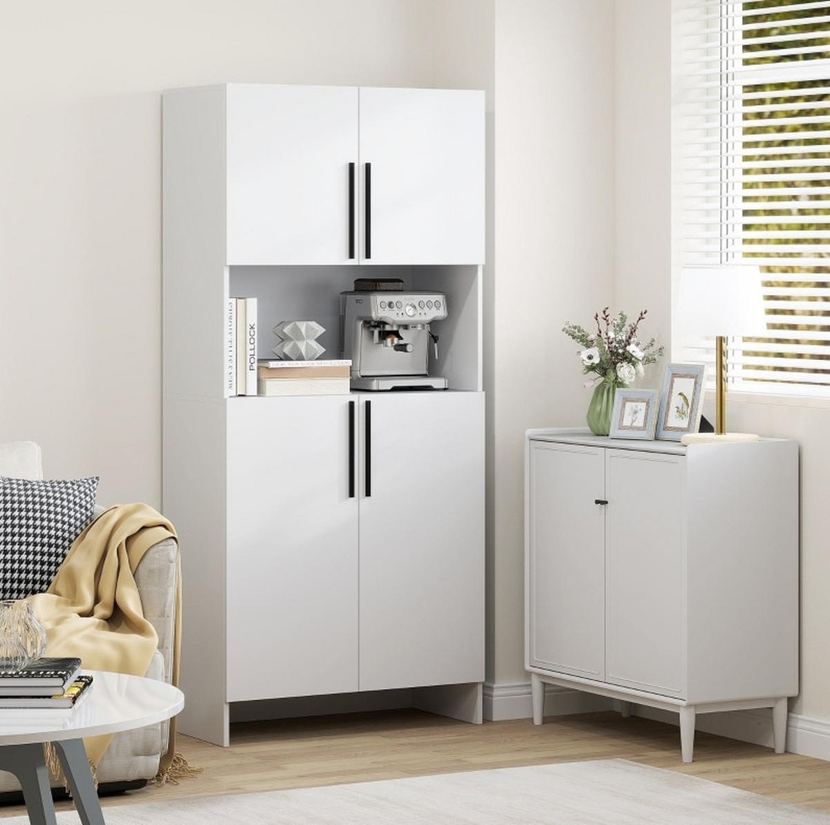 BUFFET 79/40/175 cm in Weiß mit 2 Schränken und Mikrowellenablage - Weiß, Holz (79/175/40cm) - Flora Grace