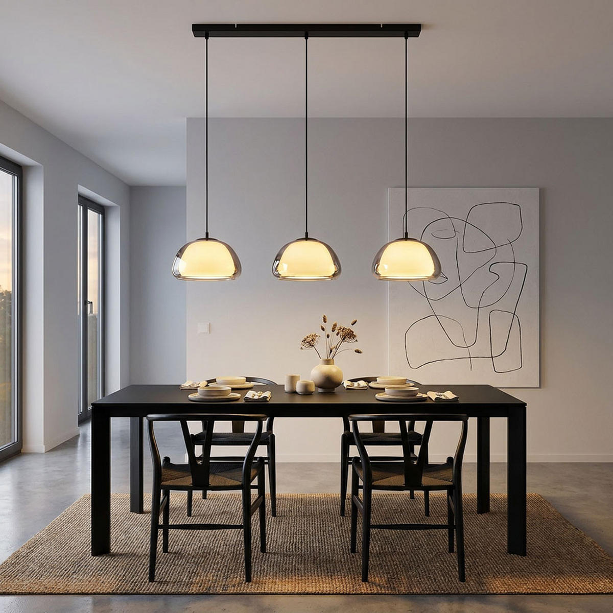 PENDELLEUCHTE JELLA, Metall, Schwarz, LED, 3-flammig - Schwarz, Glas (95/25/120cm) - Globo Lighting