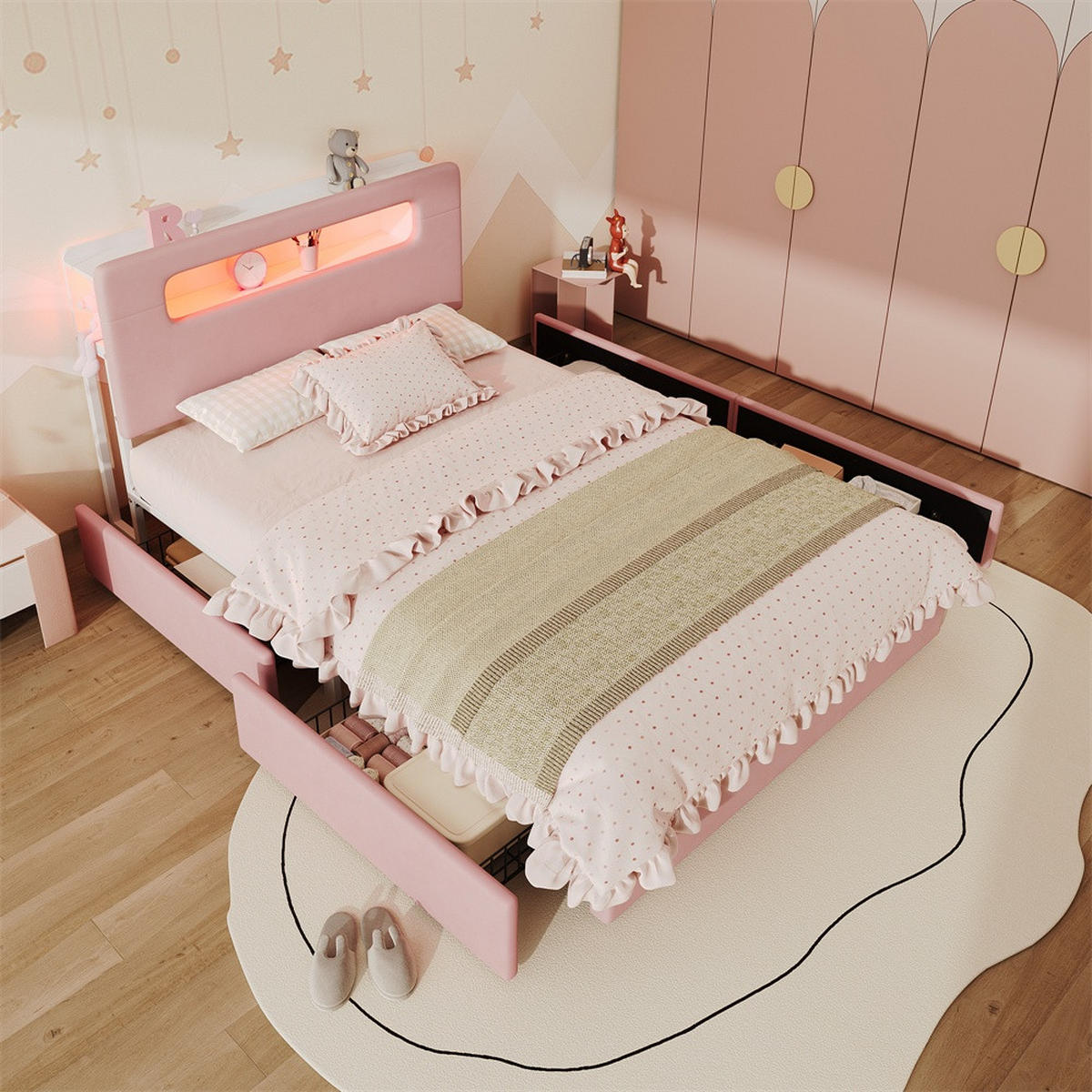POLSTERBETT 140x200 cm mit 4 seitlichen Schubladen - Kopfteil mit offenem Stauraum & LED-Beleuchtung - Rosa - Pink, Textil (140/200cm) - DELFA