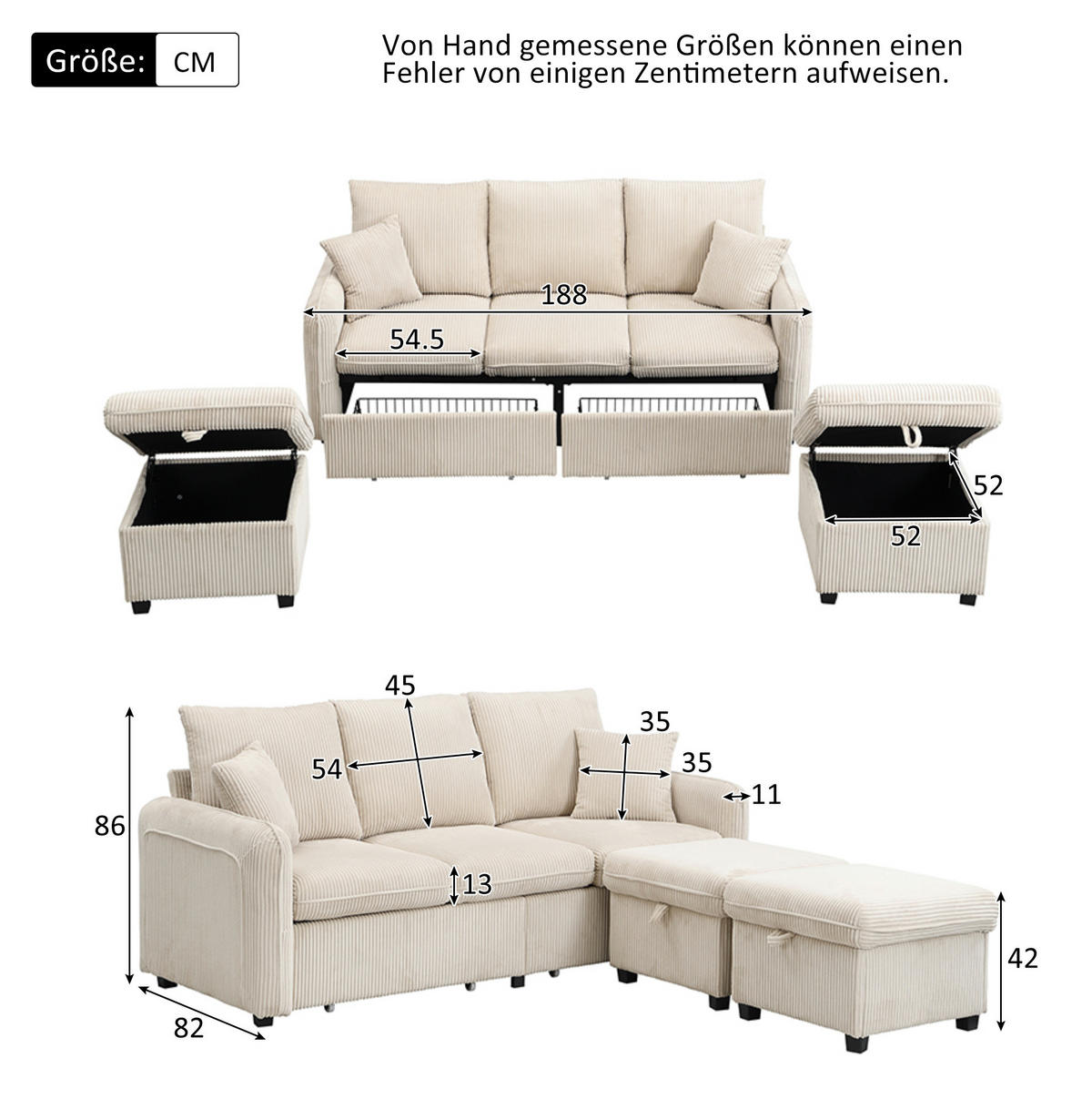SCHLAFSOFA aus Cord-Stoff mit 2 Hockern 52x52 cm Beige mit Stauraum, Schlaffunktion und modularer Nutzung - Beige, Kunststoff (186/86/188cm) - Modfu