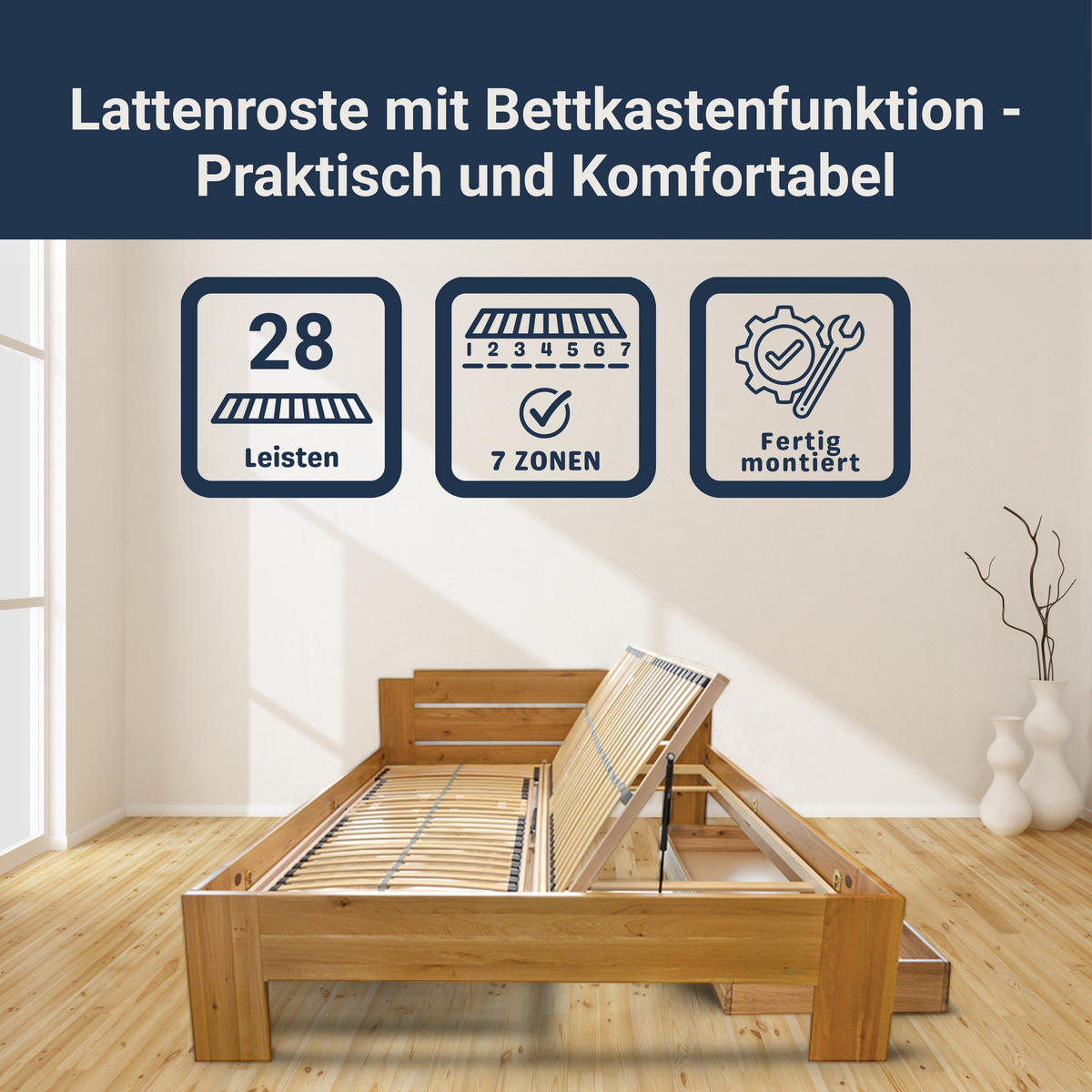LATTENROST mit Bettkastenfunktion, Größe: 120 x 220 cm, Seite der Öffnung: Öffnung nach Links - Braun, Holz (120/220cm) - Betten-ABC