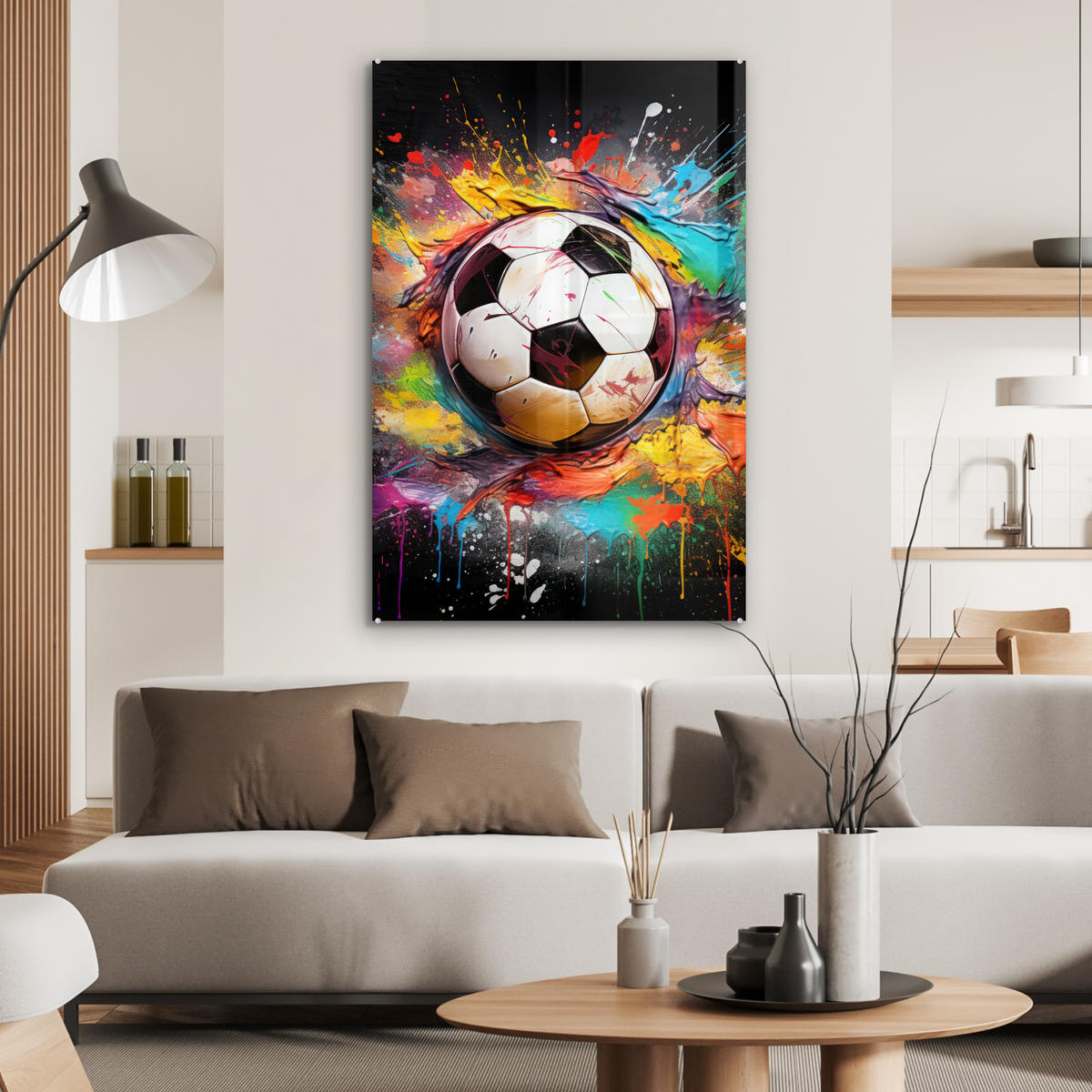 ACRYLGLASBILD Fußball - Farbe - Farben - Schwarz - Weiß 60x90 cm - Weiß, Glas (60/90cm) - MuchoWow