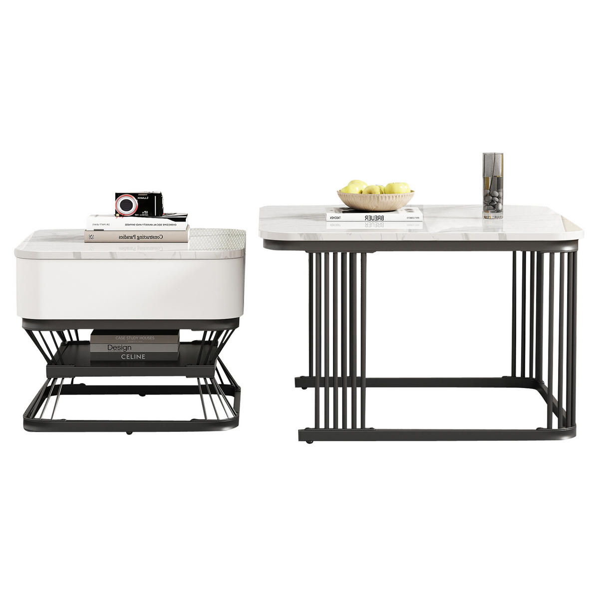 KLUBSKA miza, komplet 2 kosov, 70/70/45 + 50/50/40 cm, MDF/kov bela/črna, z 1 predalom - bela, steklo (70/70/45cm) - BEAOK