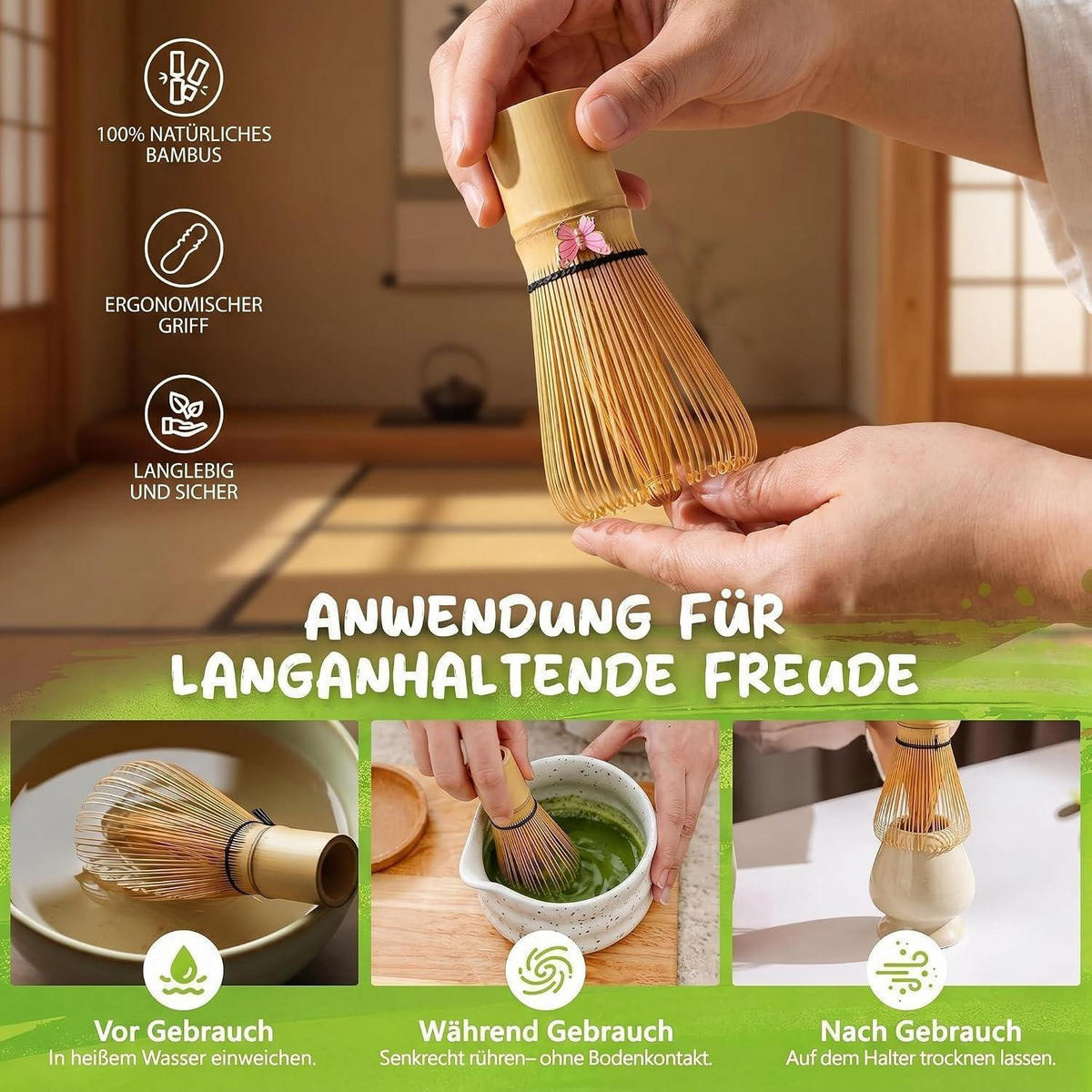 MATCHA Set 8-teilig Keramikschale Bambusbesen Halter Löffel Sieb Tuch Weiß - Weiß, Keramik (16/12/30cm)
