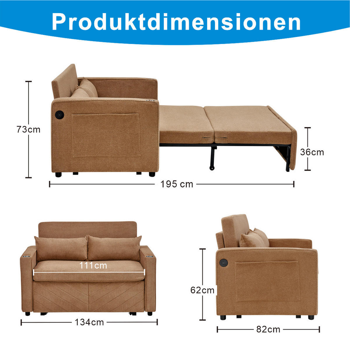 SCHLAFSOFA 134/82/73 cm Orange mit USB Charging und Aufbewahrungstasche - Orange, Textil (134/73/195cm) - Oxeza