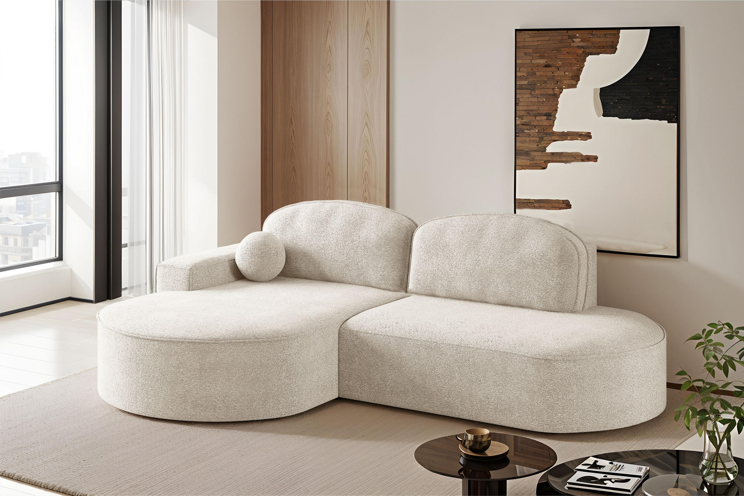 ECKSOFA mit Schlaffunktion und Bettkasten Modena Runden stoff Arena Ecru Links - Ecru, Holz (179/278cm) - Kaiser Möbel