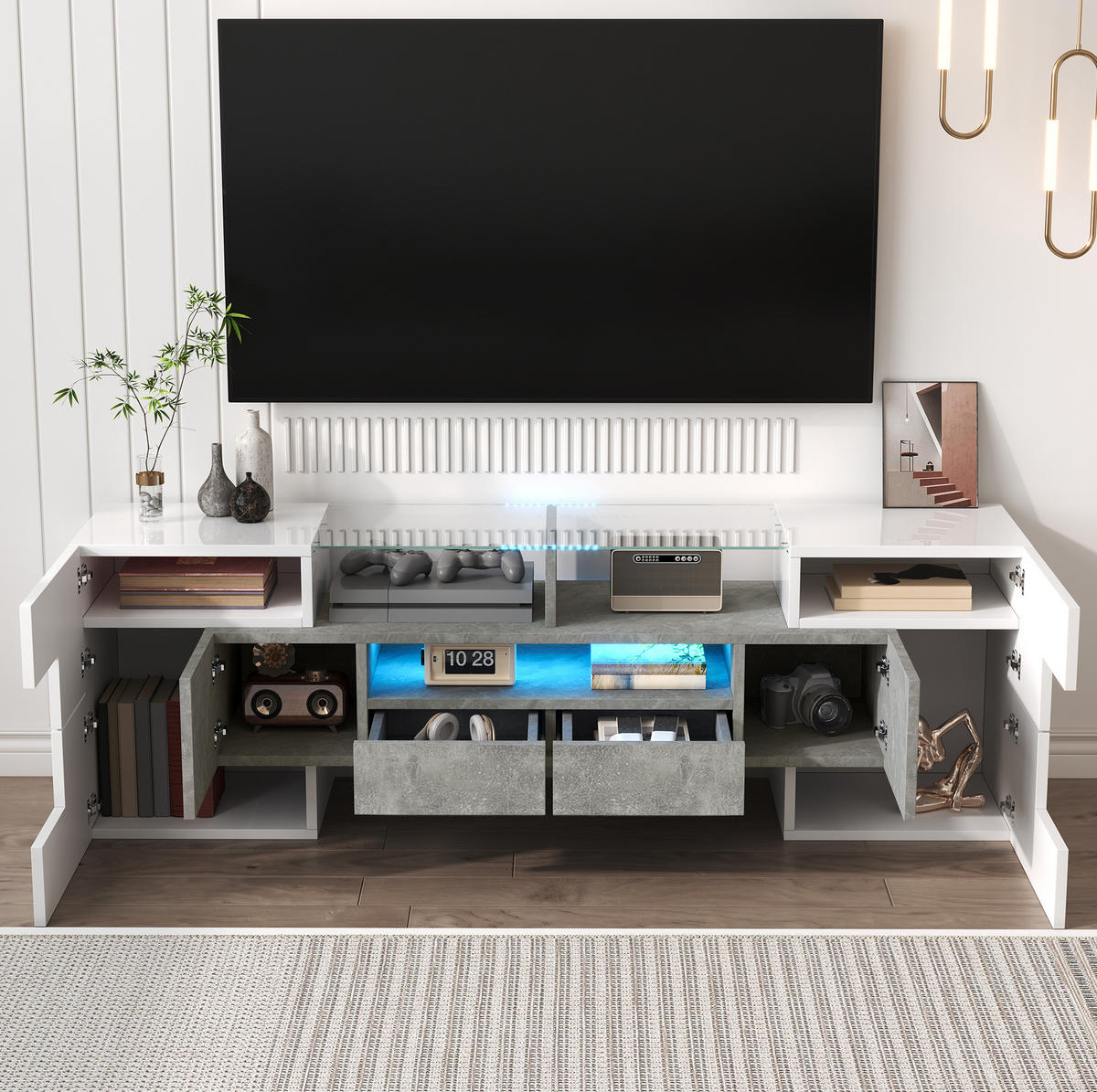 LOWBOARD 145/30/51 cm in Weiß/Beton aus MDF mit LED-Beleuchtung - Weiß, Holzwerkstoff (30/51/145cm) - OKMYHOME