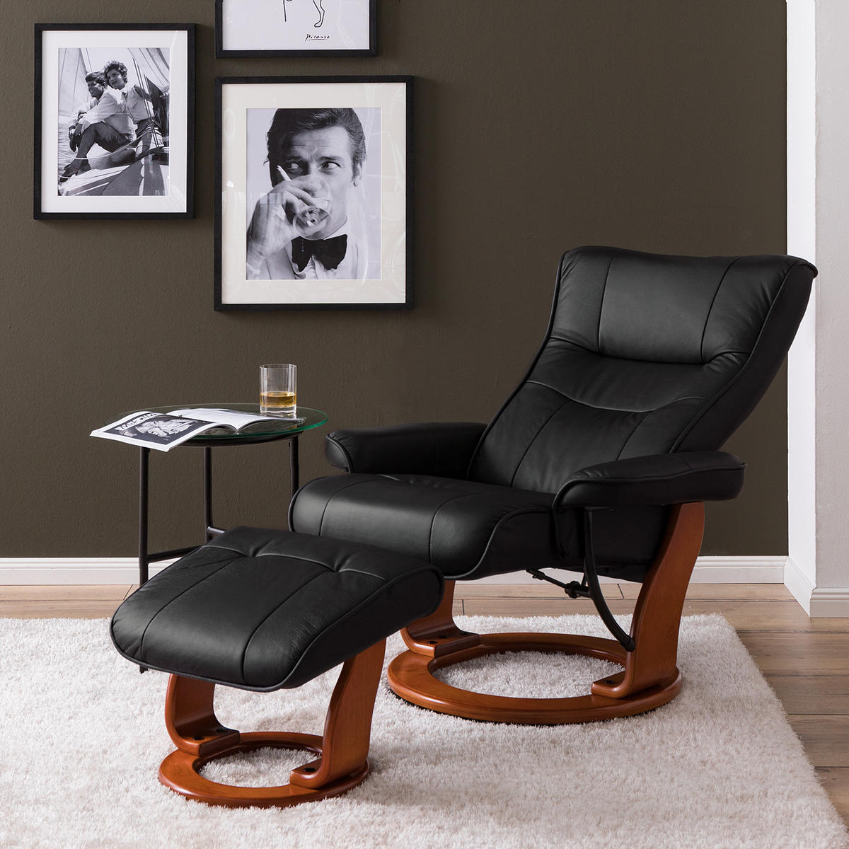 RELAXSESSEL - Echtleder / Kunstleder - Schwarz/Braun, Leder/Holz (82/105/84cm) - home24