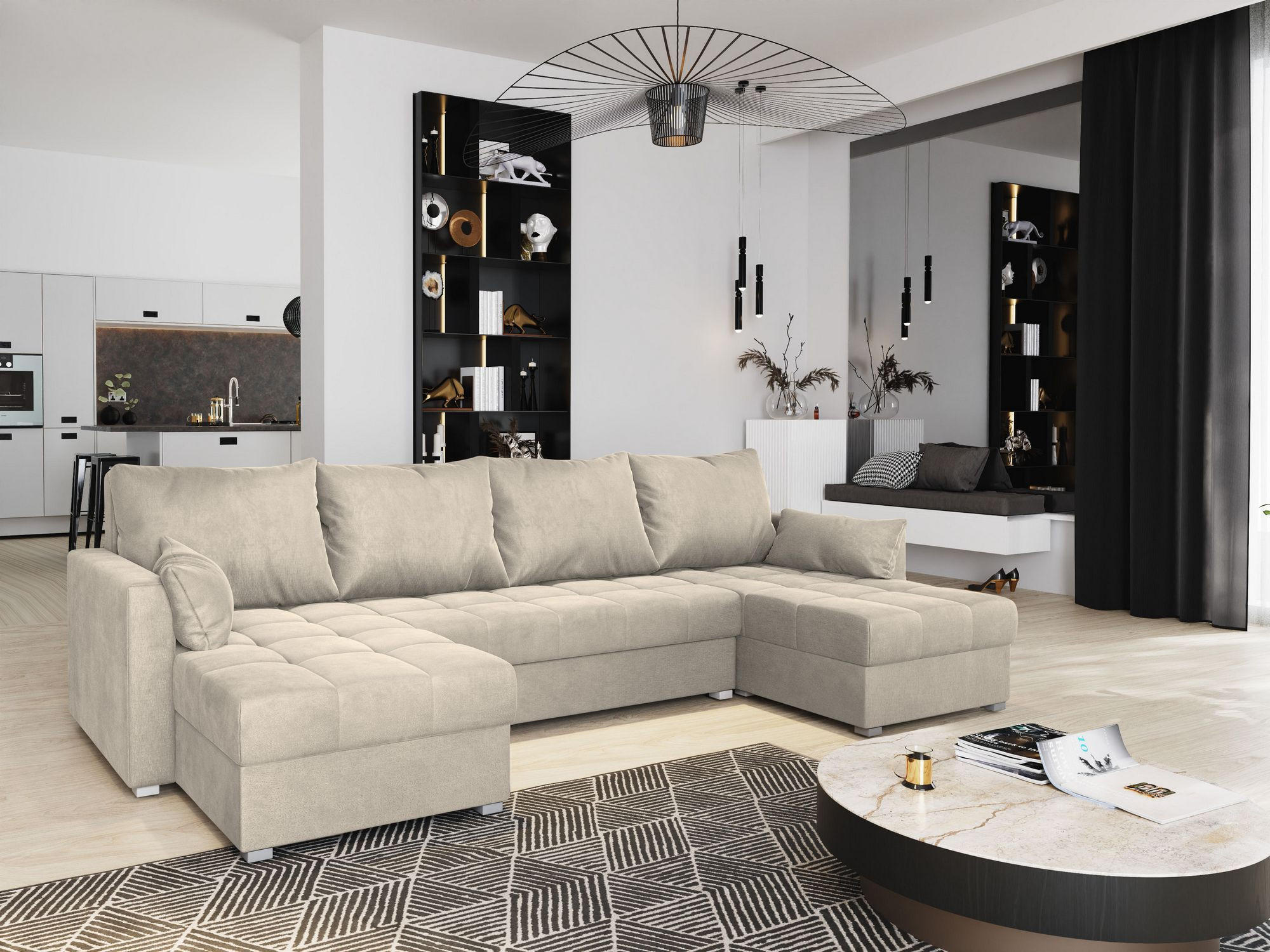 WOHNLANDSCHAFT NAKO M Creme Velours-Stoff mit Schlaffunktion - Creme, Holz (285/85/140cm) - MASSENO