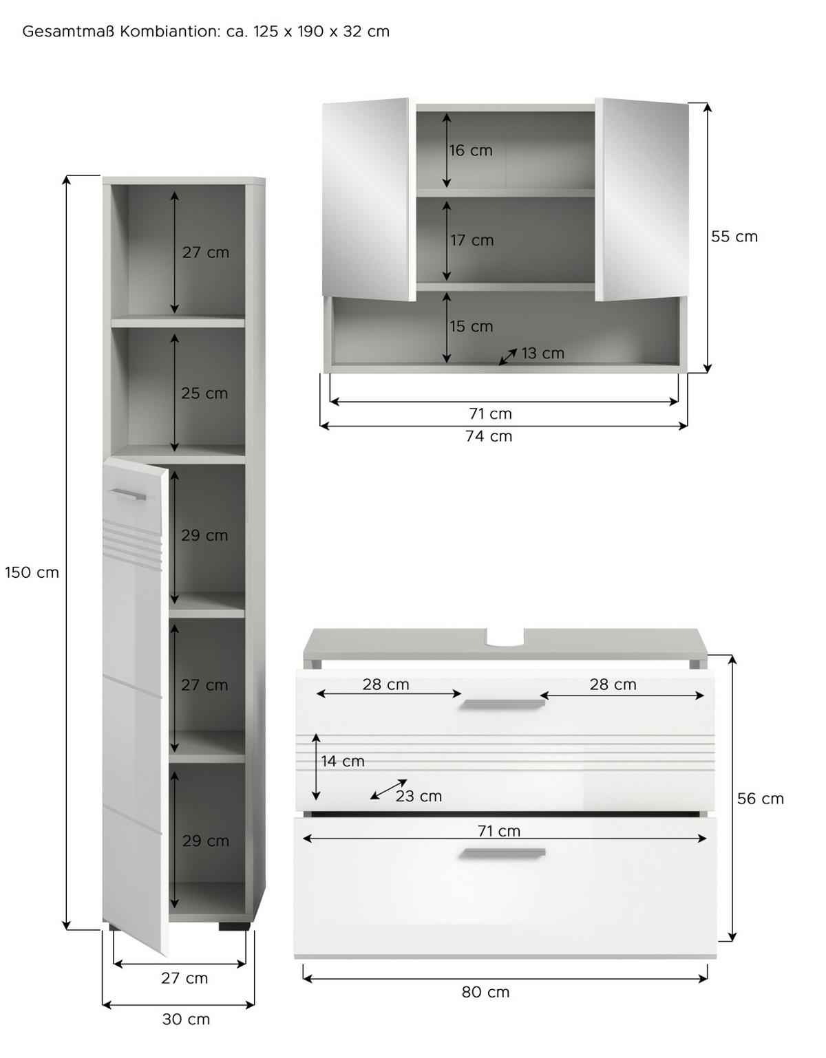 BADMÖBEL-SET 3-teilig weiß Hochglanz, grau 125 cm, Komplettset mit Soft-Close - Weiß Hochglanz/Grau, Glas/Holzwerkstoff (125/190/32cm) - Inn.Furn