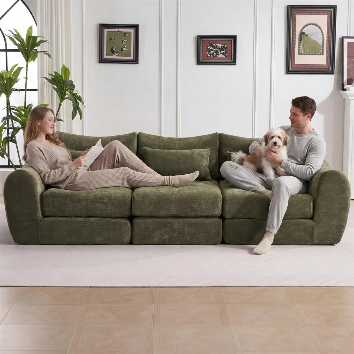 SCHLAFSOFA 3-Sitzer Chenille, Modernes Lounge Sofa ohne Aufbau, Grün - Grün, Textil (262/78/97cm) - Kaket