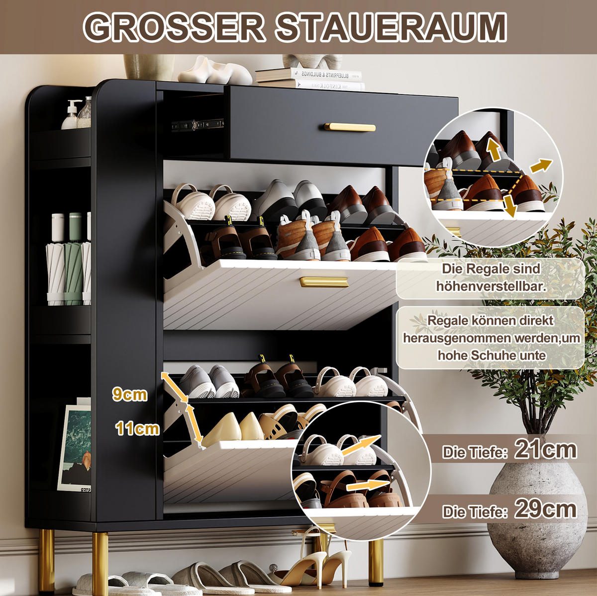 SCHUHSCHRANK 80/24/105 cm mit 2 Klappen, 1 Schublade und offenen Fächern - Schwarz, Holzwerkstoff (80/105/24cm) - BEAOK