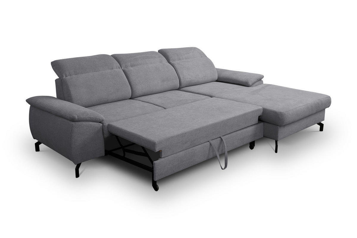 ECKSOFA MALIBU mit Schlaffunktion und Bettkasten, Farbe: Dunkelgrau, Velourstoff, Ottomane Rechts - Dunkelgrau, Textil (276/184cm) - VENASI MÖBEL