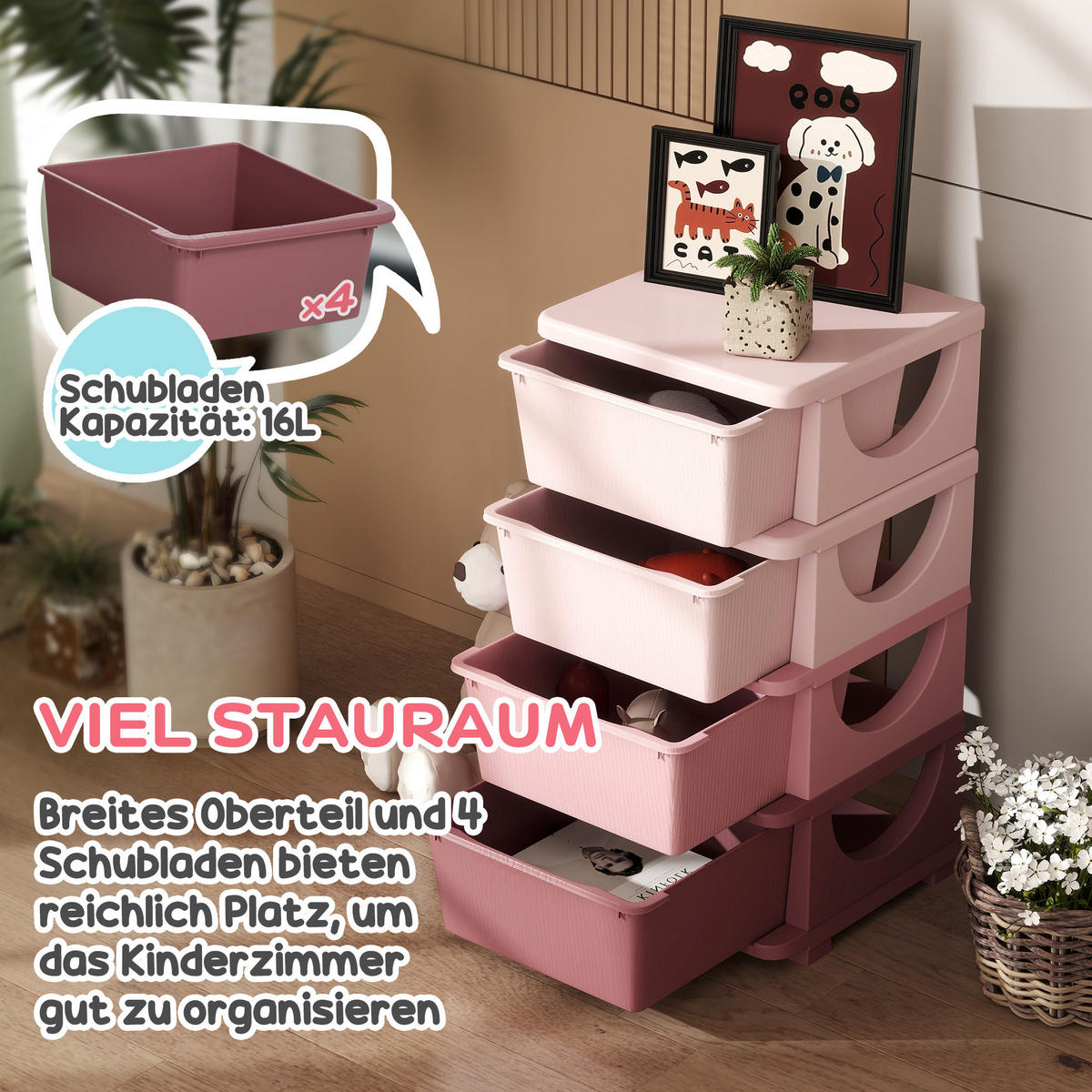 AUFBEWAHRUNGSBOXEN für Kinder, 4 große Schubladen, Kunststoff, Rosa - Rosa, Kunststoff (37/76/37cm) - HOMCOM