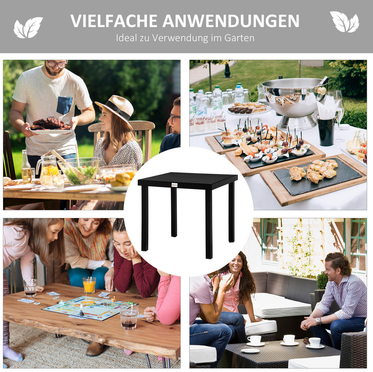 GARTENTISCH 78/78/74 cm aus Aluminium mit Tischplatte in Holzoptik, Schwarz - Naturfarben, Metall (78/78/74cm) - Redom