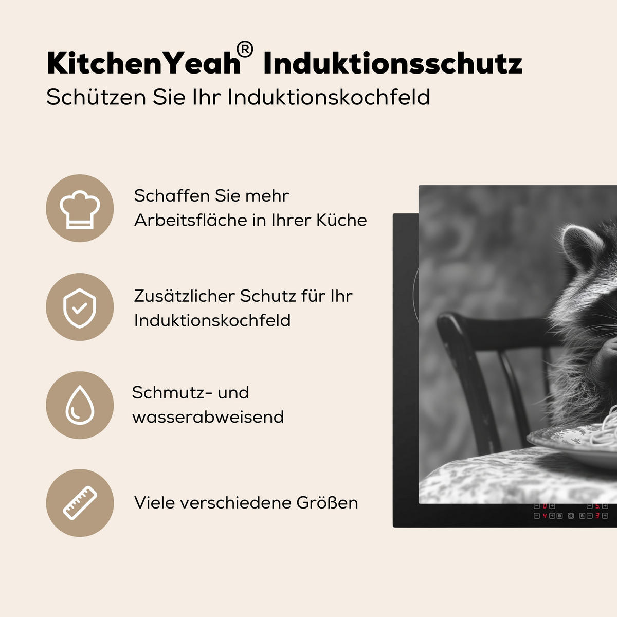 HERDABDECKPLATTE Waschbär - Niedlich - Pasta - Tischtuch - Schwarz - Weiß Induktionsmatte 77x51 cm - Grau, Kunststoff (77/51/0.2cm) - MuchoWow