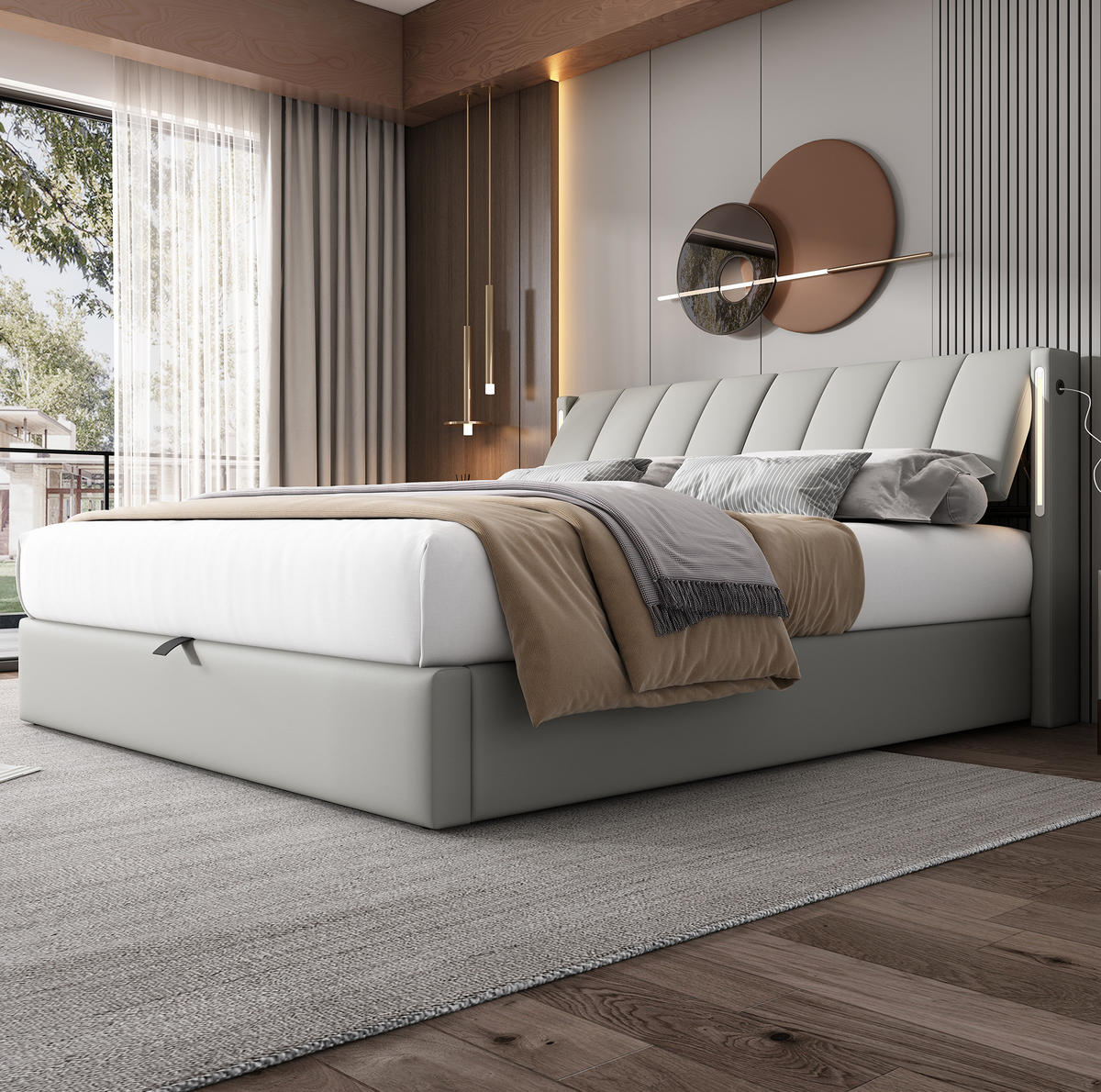 POLSTERBETT mit Stauraum und LED 180x200 cm PU Grau - Grau, Metall (180/200cm) - Meubliv
