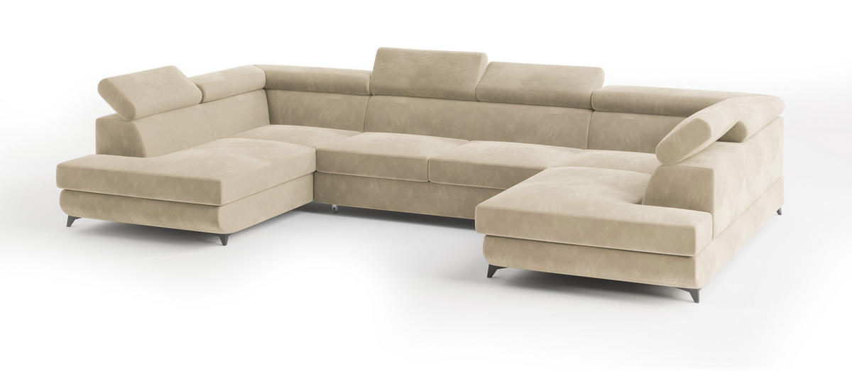 WOHNLANDSCHAFT VINTESSA Creme Velours-Stoff mit Schlaffunktion - Creme, Holz (323/89/190cm) - MASSENO