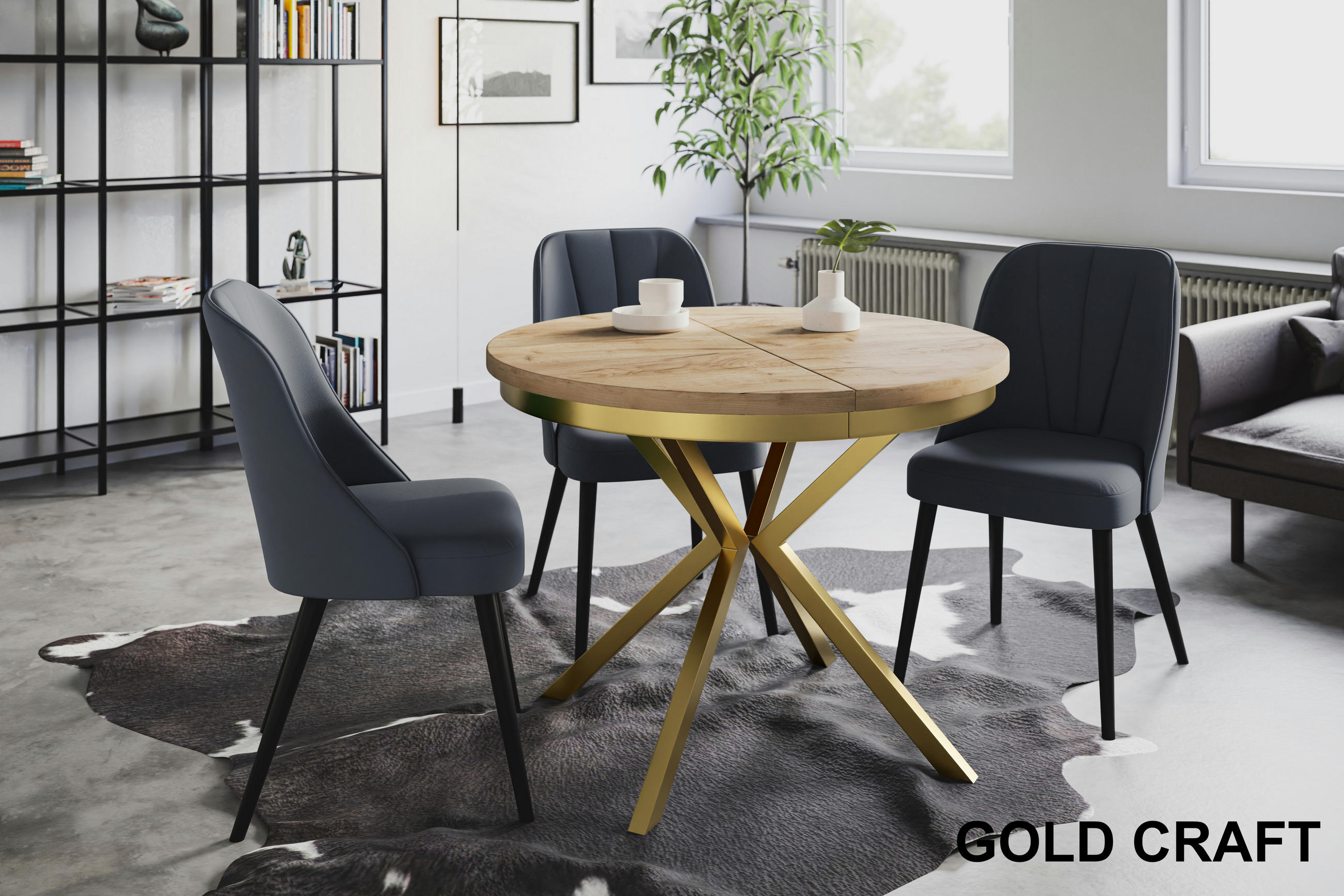 ESSZIMMERTISCH BERGO, ausziehbarer Tisch 90 cm/170 cm, Farbe: Braun, mit Metallbeinen in Farbe Gold - Goldfarben/Braun, Holzwerkstoff (90/90/76cm) - Alpi-Möbel