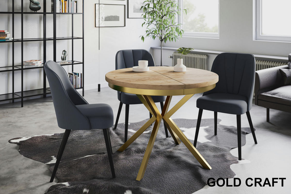 ESSZIMMERTISCH BERGO, ausziehbarer Tisch 90 cm/170 cm, Farbe: Braun, mit Metallbeinen in Farbe Gold - Goldfarben/Braun, Holzwerkstoff (90/90/76cm) - Alpi-Möbel