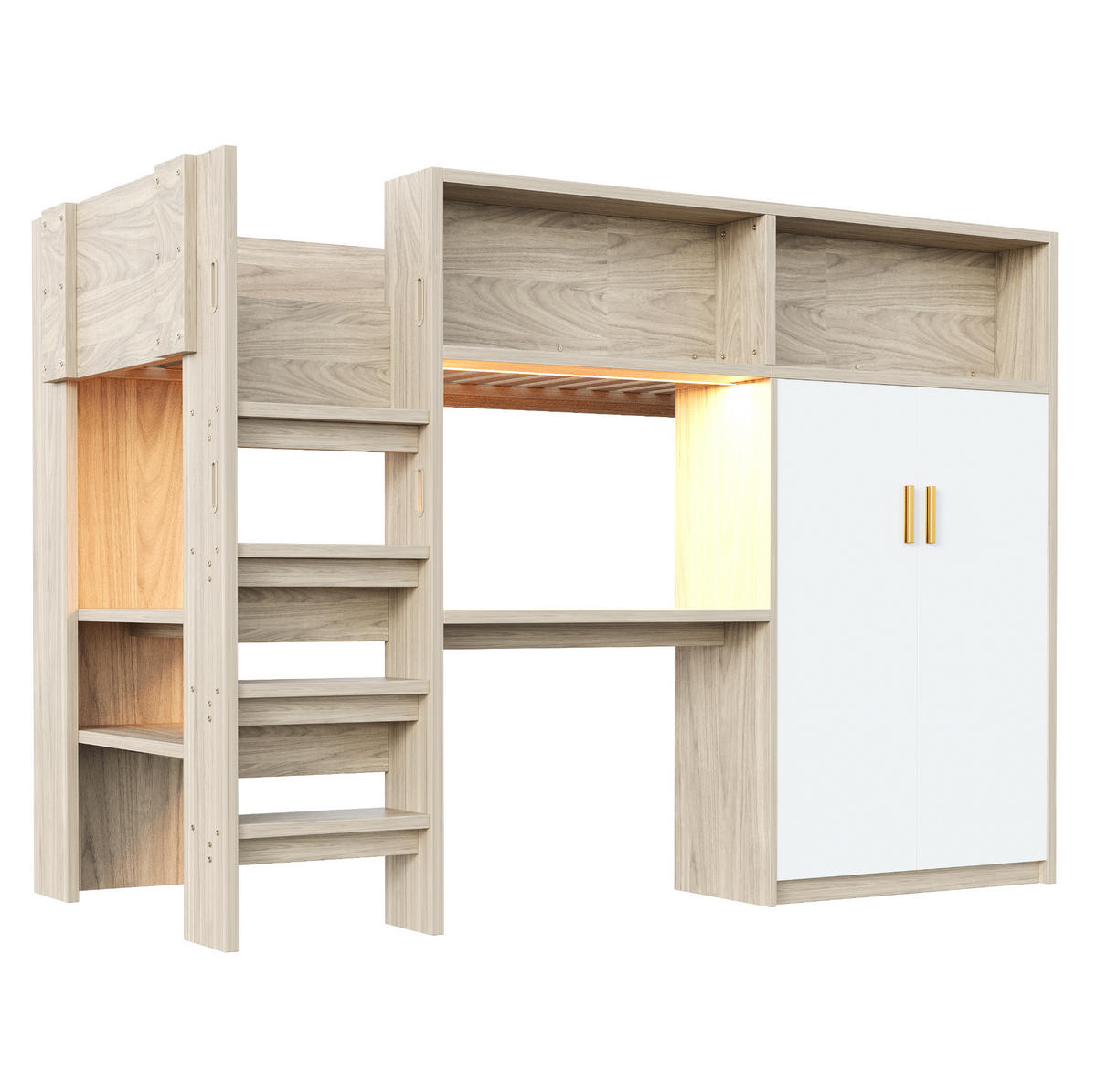 PATROVÁ postel 90/200 cm z přírodního MDF s psacím stolem, LED osvětlením a úložným prostorem - přírodní, kompozitní dřevo (90/200cm) - OKWISH