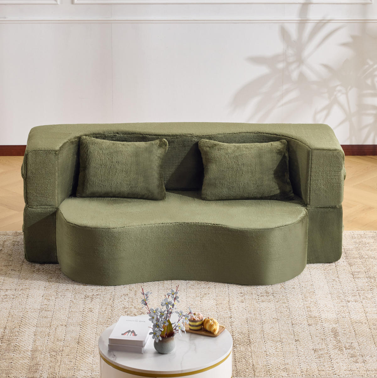 SCHLAFSOFA aus Schaumstoff Grün, faltbar als Gästebett mit 2 Kissen und weichem Kurzplüschbezug - Grün, Kunststoff (180/70/55cm) - Modfu