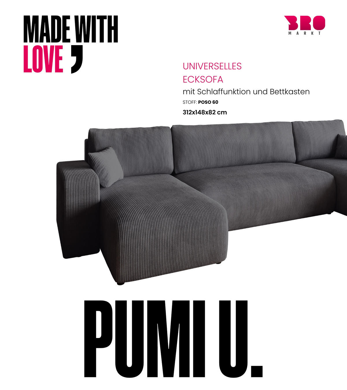 WOHNLANDSCHAFT PUMI mit Schlaffunktion Grau Cord - Grau, Textil (312/82/148cm) - Bromarkt