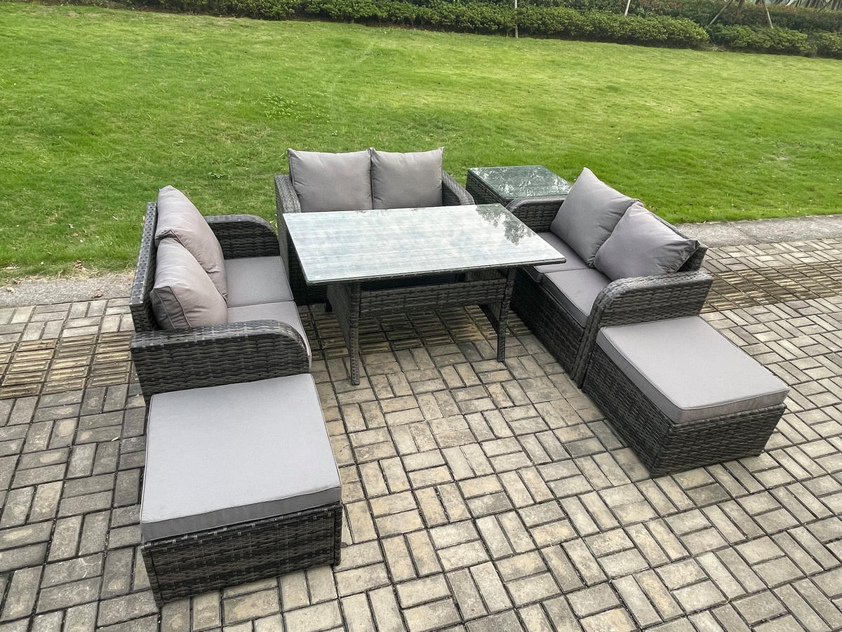 SITZGRUPPE mit Esstisch,Zweisitzer,2 Hockern,Beistelltisch Polyrattan 8-Sitzer - Dunkelgrau/Grau, Glas/Kunststoff - Fimous