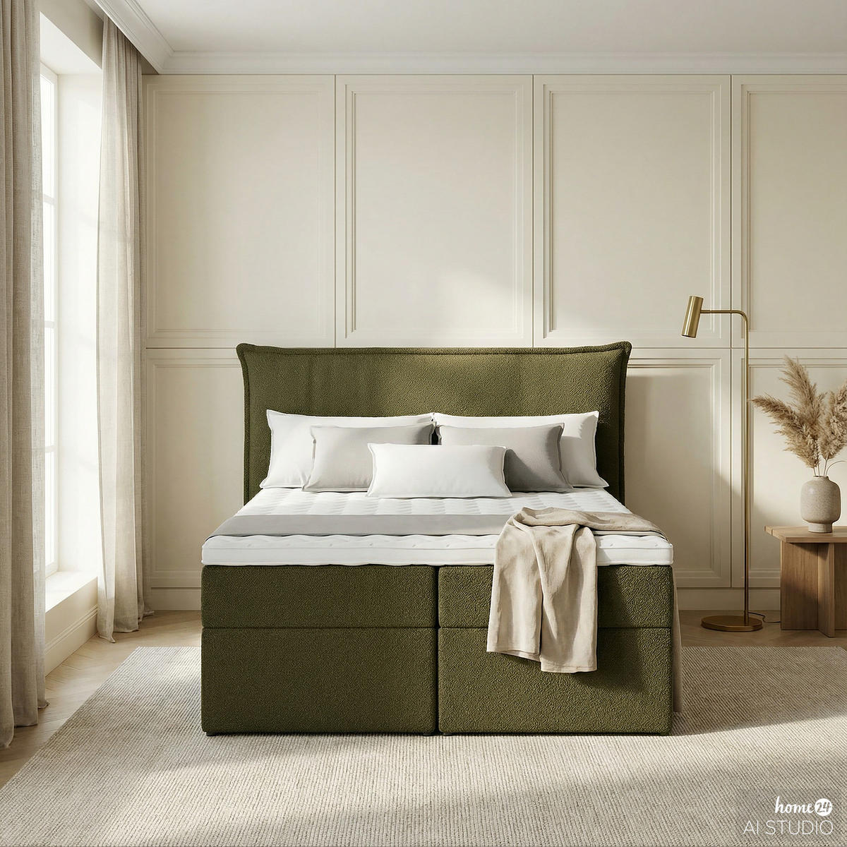 BOXBETT mit Stauraum - Bouclé - Olivgrün, Holzwerkstoff/Textil (140/200cm) - home24