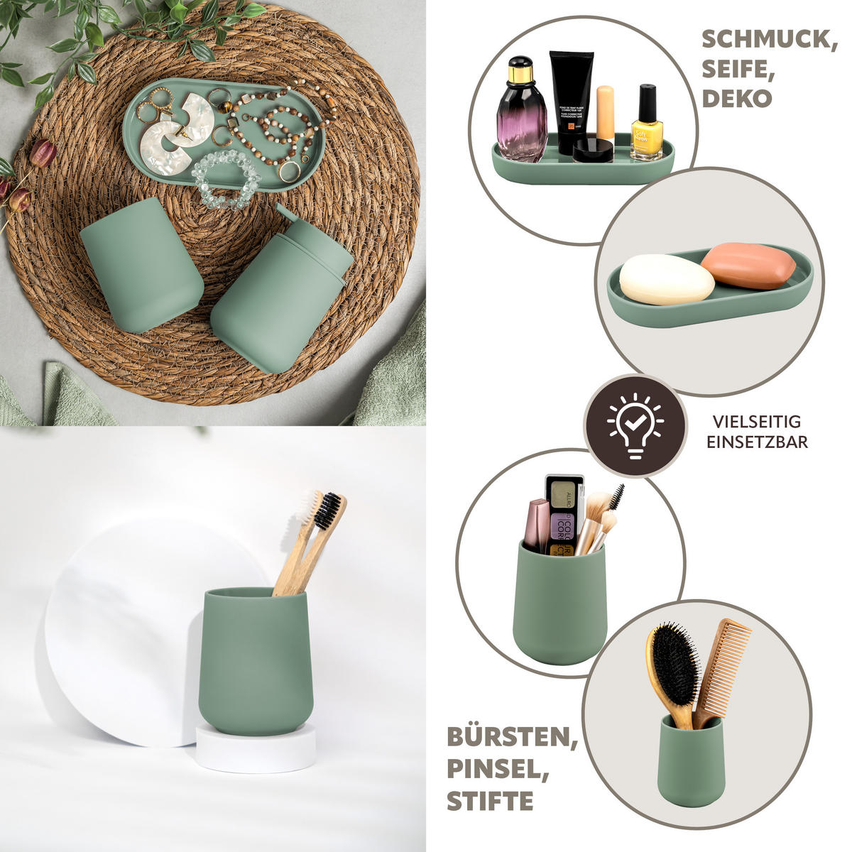 BAD-ACCESSOIRES-SET TESERO 3tlg., Soft-Touch, grün - Grün, Kunststoff (8.5/12/9cm) - eluno