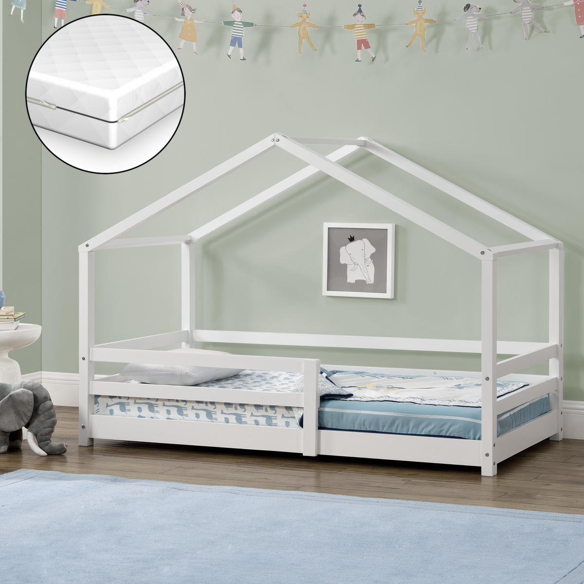 HAUSBETT Knätten mit Matratze - Weiß, Holz/Textil (80/160cm) - [en.casa]