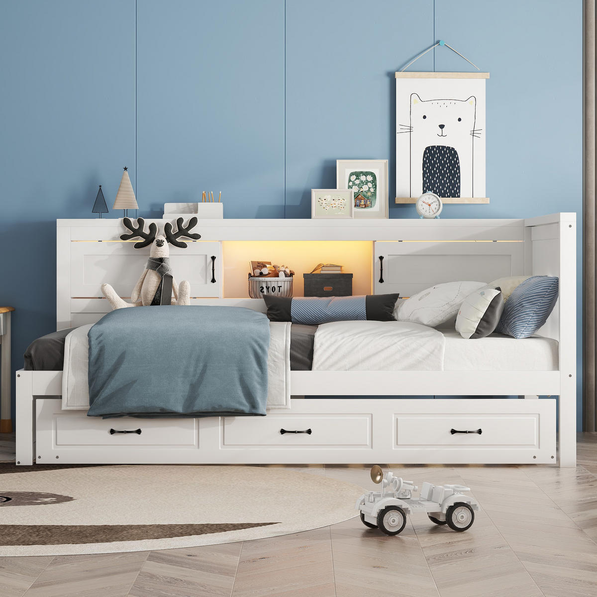 SCHLAFSOFA 90x200cm Weiß LED-Licht Bettseite Staufach Ausziehbett USB - Weiß, Holz (90/200cm) - FLIEKS
