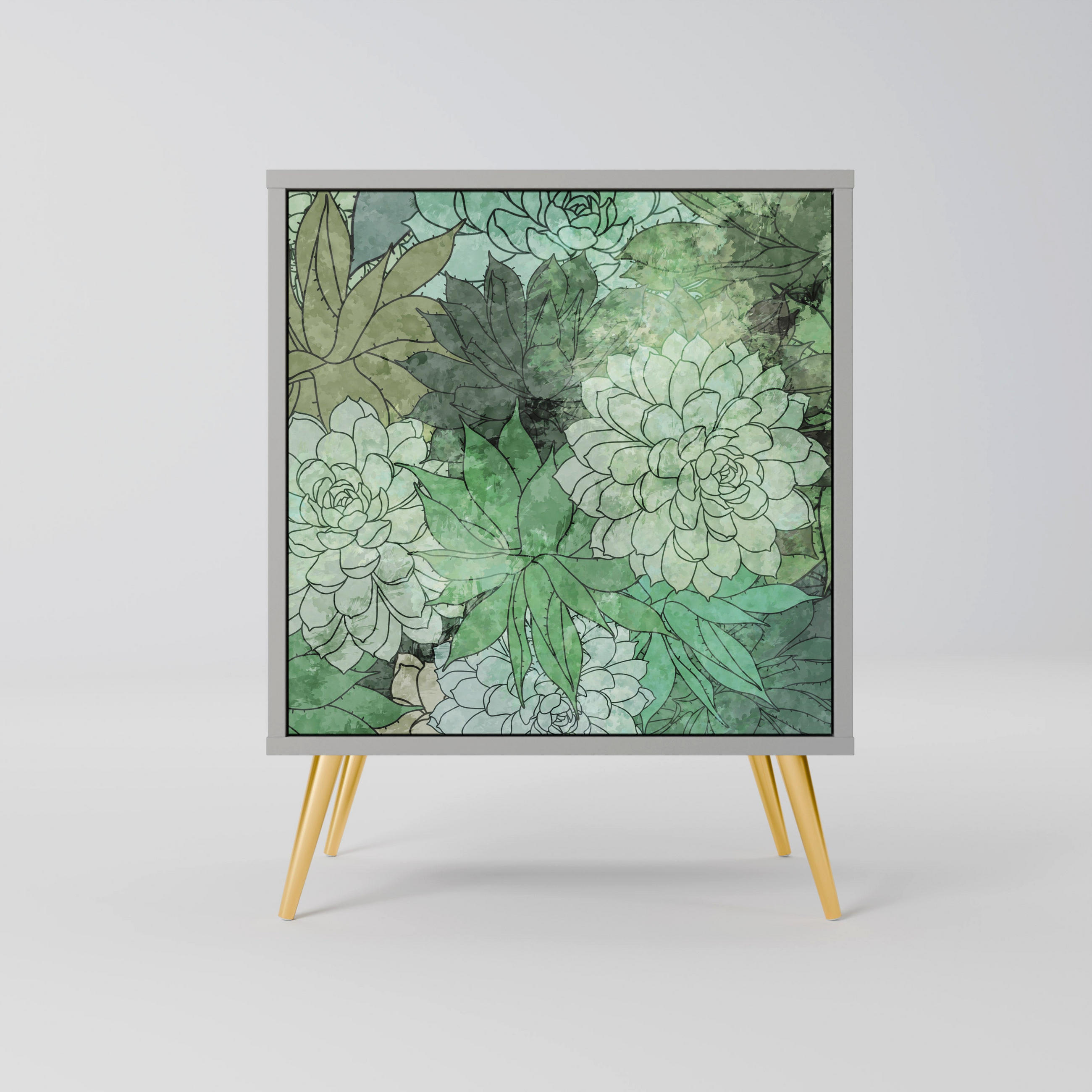 SIDEBOARD SUCCULENT CLUSTER, Grau, 57,5x42x75,5 cm, Goldfarbene Metallfüße - Goldfarben/Multicolor, Holzwerkstoff/Metall (57.5/75.5/42cm) - SpaceRebels