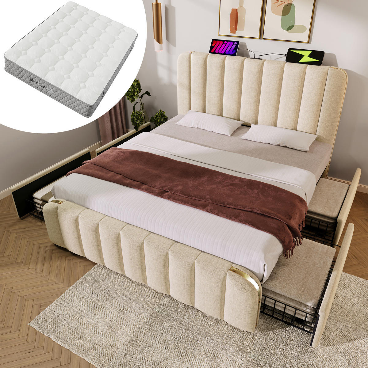 POLSTERBETT aus Leinen 140x200 cm Beige mit 4 Schubladen, USB- und Typ-C-Anschluss - Beige, Textil (140/200cm) - IVMEU