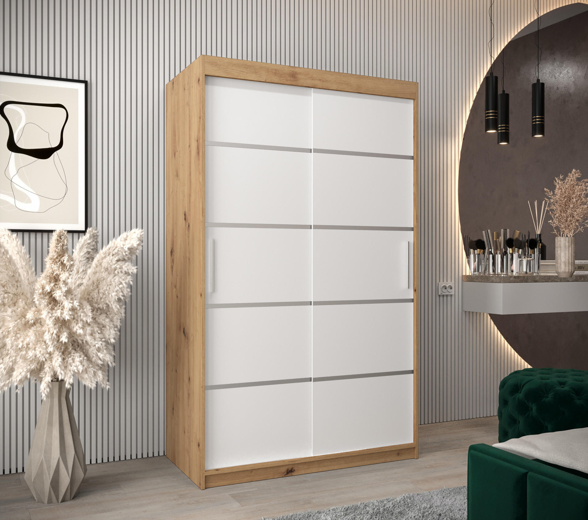 SCHWEBETÜRENSCHRANK 200/120/62 2-türig - Silberfarben/Weiß, Holz/Kunststoff (120/200/62cm) - MÖBEL KRYSPOL