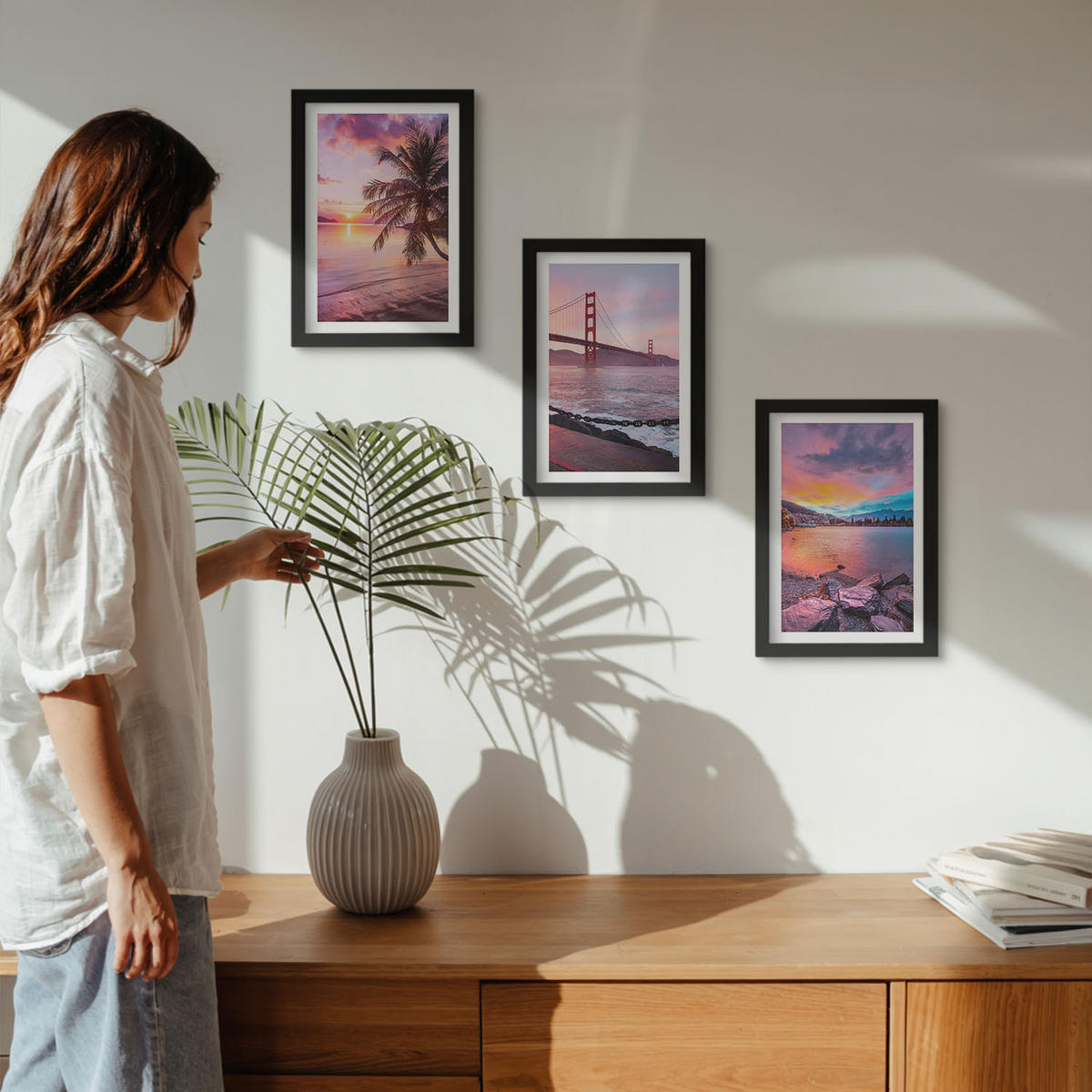 WANDBILDER 3er-Set - 20x30 cm Schwarzer Rahmen - Sonnenuntergangsbrücke Landschaft - Schwarz, Kunststoff (20/30cm) - ArtPrintCave