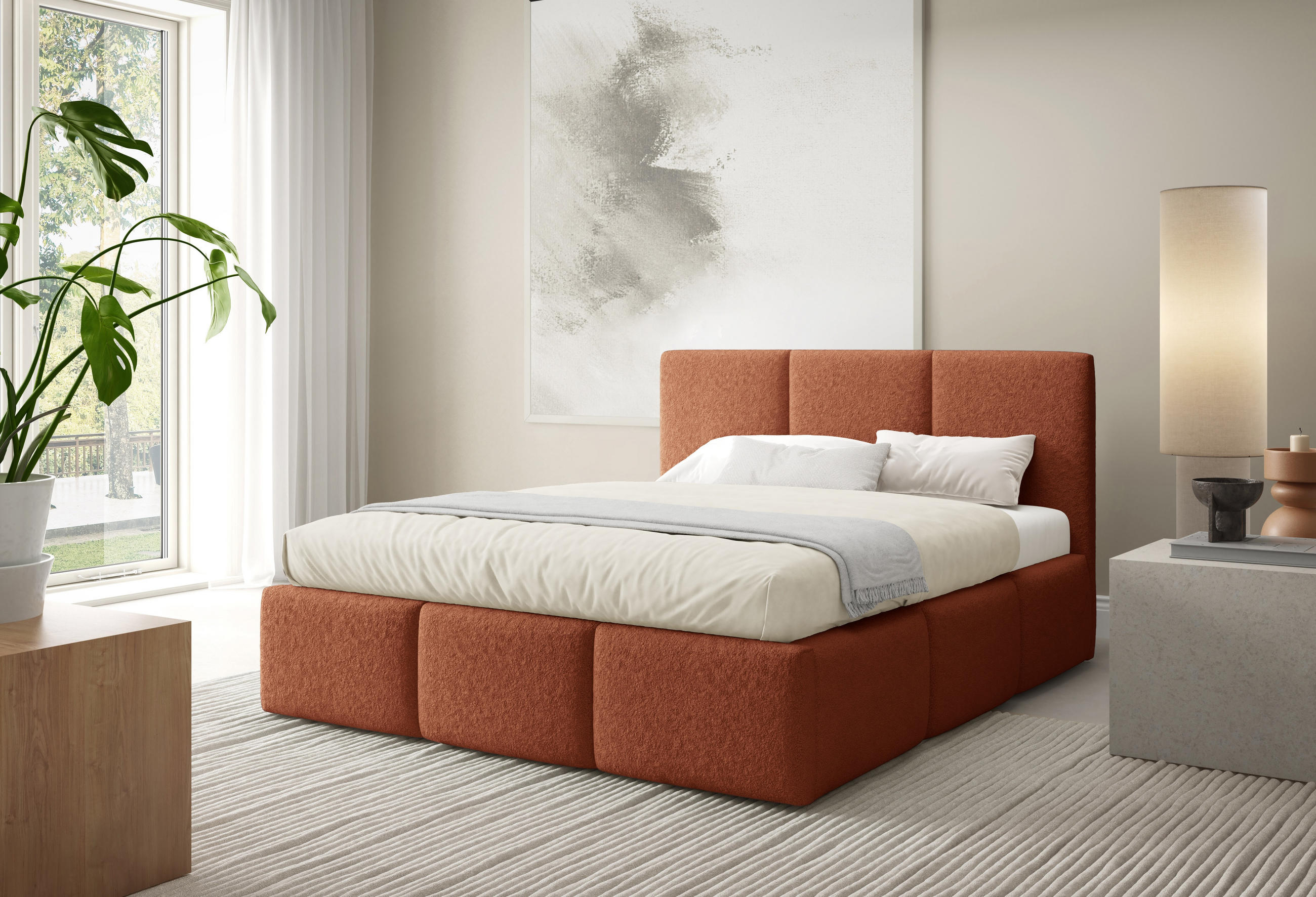 POLSTERBETT VALERIO mit Bettkasten, Bett 180x200,Doppelbett,Lattenrost,Boxspringbett-Optik,ohne Matratze,Schlafzimmer-Fuchsrot - Orange, Holz (180/200cm) - Furnistar