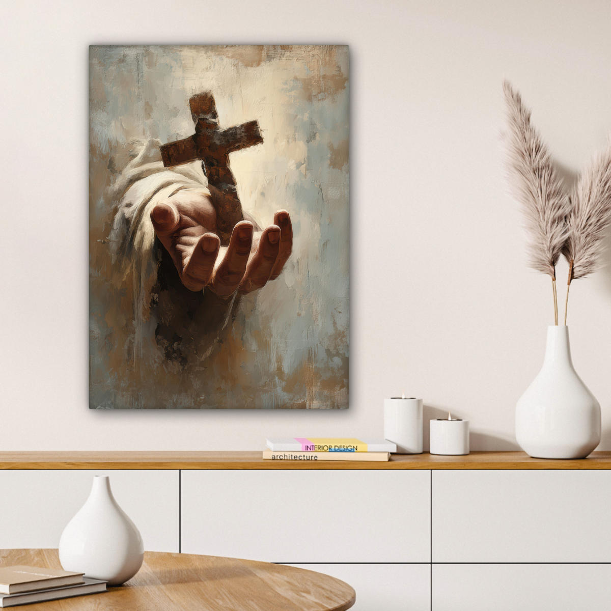 LEINWANDBILD Abstrakt - Kreuz - Hand - Christentum Wandbild Wohnzimmer 60x80 cm - Hellbraun, Textil (60/80cm) - MuchoWow