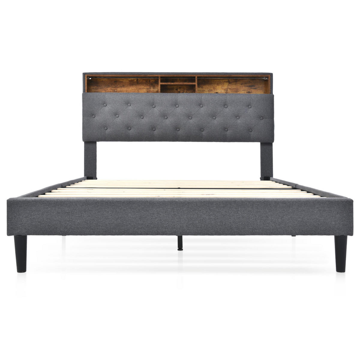 POLSTERBETT aus Massivholz 140x200 cm in Grau mit LED & Matratze - Grau, Holz (140/200cm) - Modfu