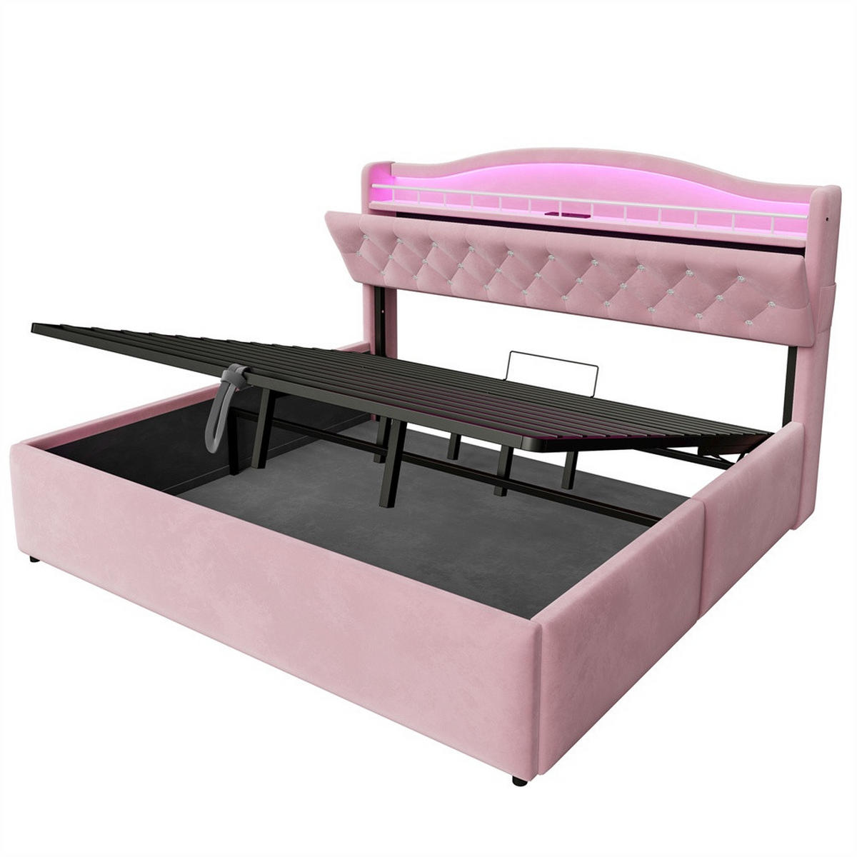 POLSTERBETT 180x200 cm mit hydraulischem Stauraum - LED Beleuchtung & Ladestation - Rosa - Ohne Matratze - Pink, Textil (180/200cm) - DELFA
