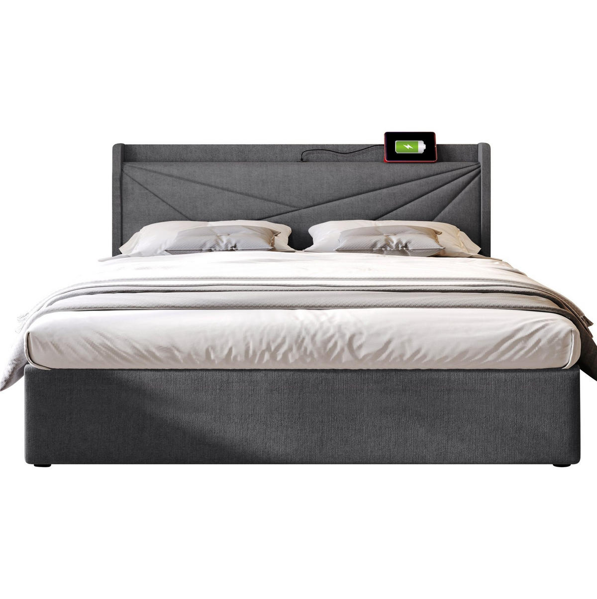 POLSTERBETT 180/200 cm Grau mit Bettkasten und USB- und Type-C-Anschlüssen - Grau, Textil (180/200cm) - Flora Grace