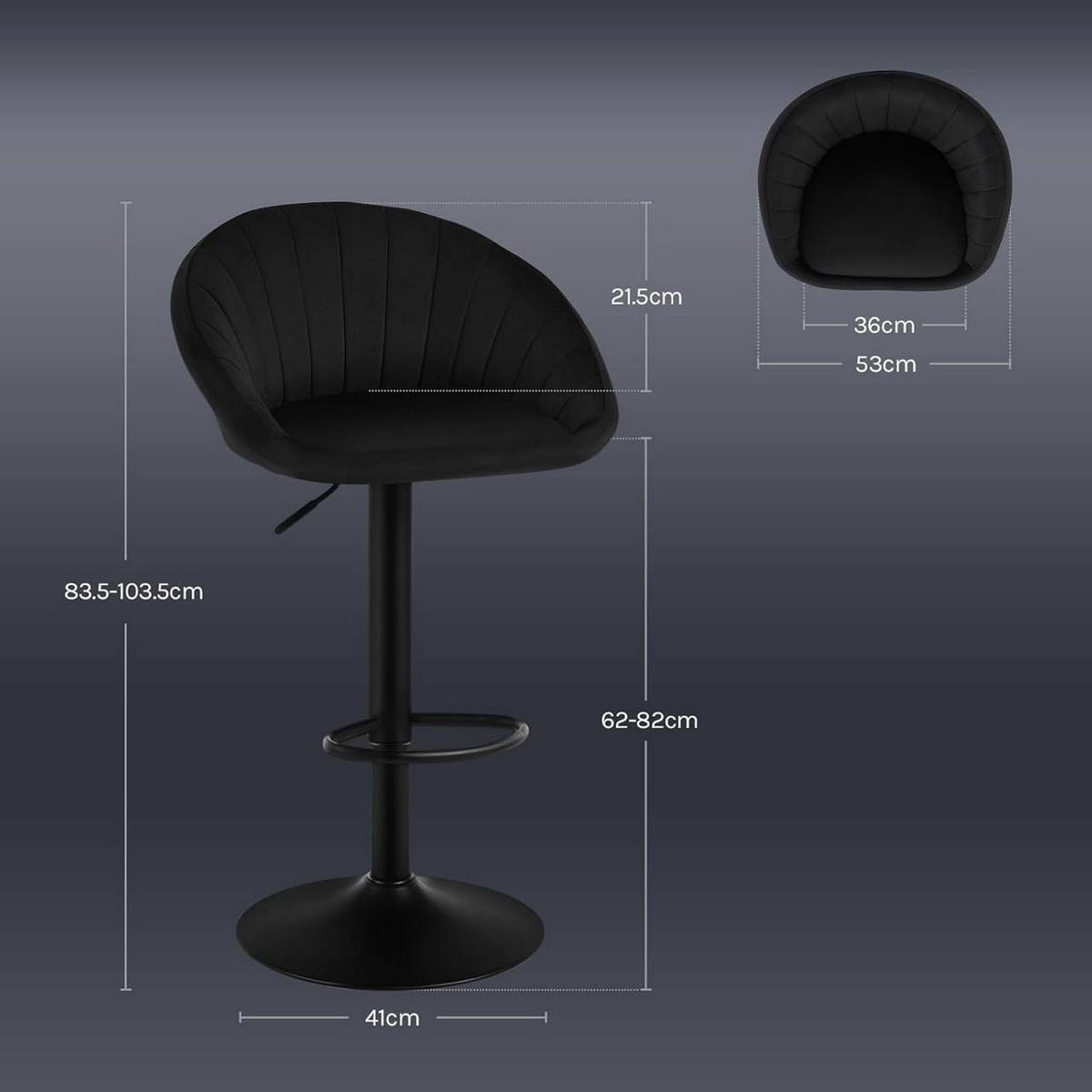 BARHOCKER 4er Set mit Rückenlehne, Samt, Schwarz - Schwarz, Textil/Metall (53/83/45cm) - Woltu