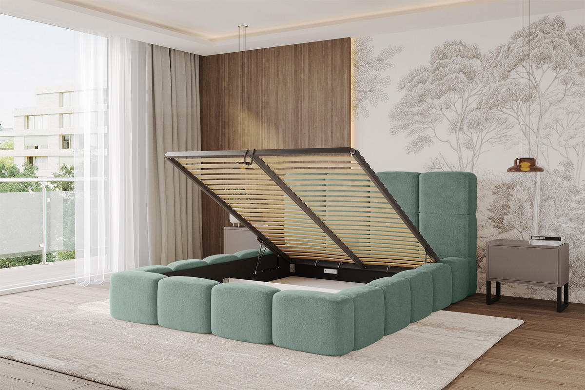 POLSTERBETT mit Bettkasten und Lattenrost mit Kopfteil, Boxbett ohne Matratze, mit Stauraum - NATA 160x200 Grün - Grün, Holzwerkstoff/Textil (160/200cm) - ALTDECOR