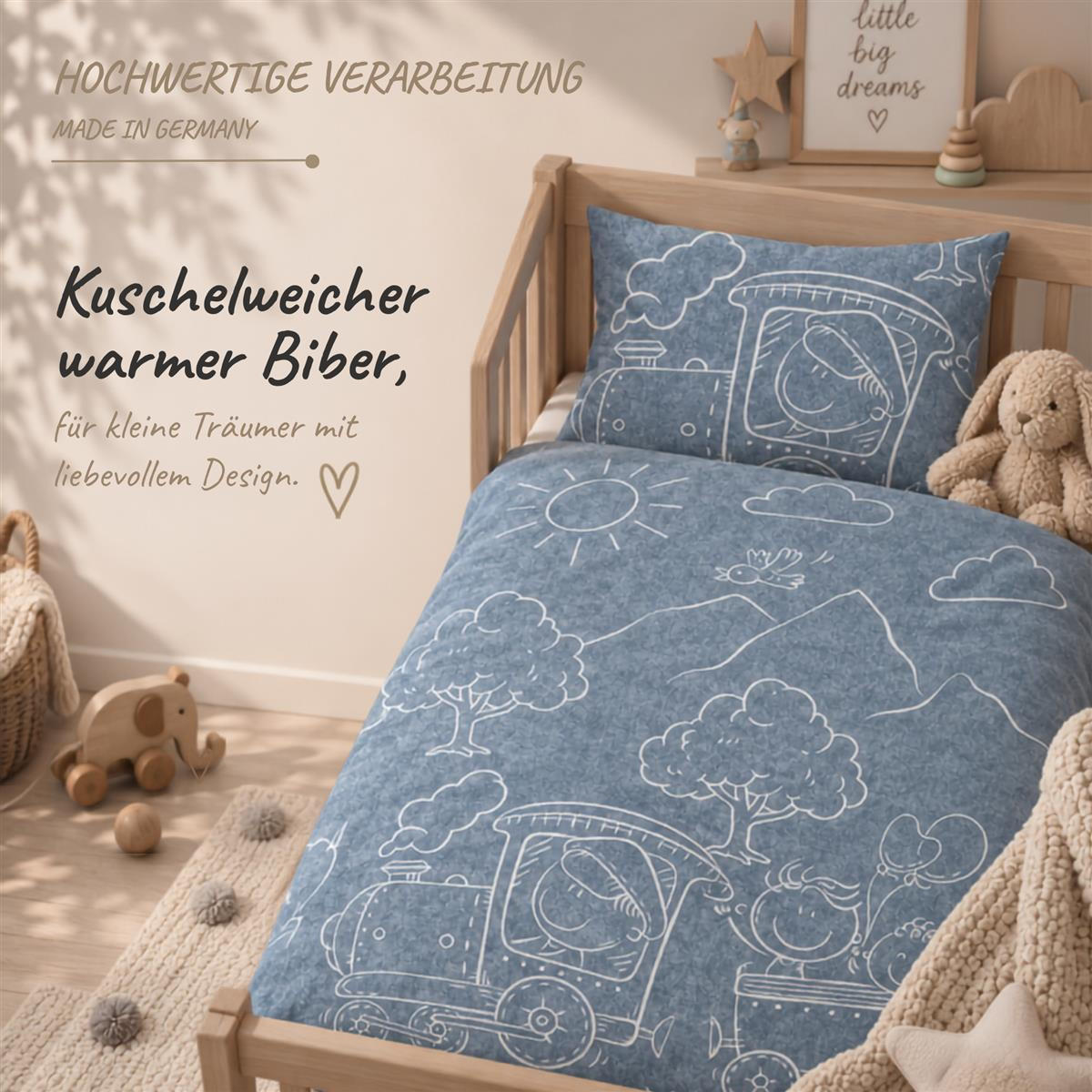 BIBER-BETTWÄSCHE 100x135 Baby - Made in Germany! Flauschig warmer Flanell Kinder Bettbezug aus 100% Baumwolle für Herbst & Winter - Lokomotive Blau - Blau, Textil (100/135cm) - Carpe Sonno
