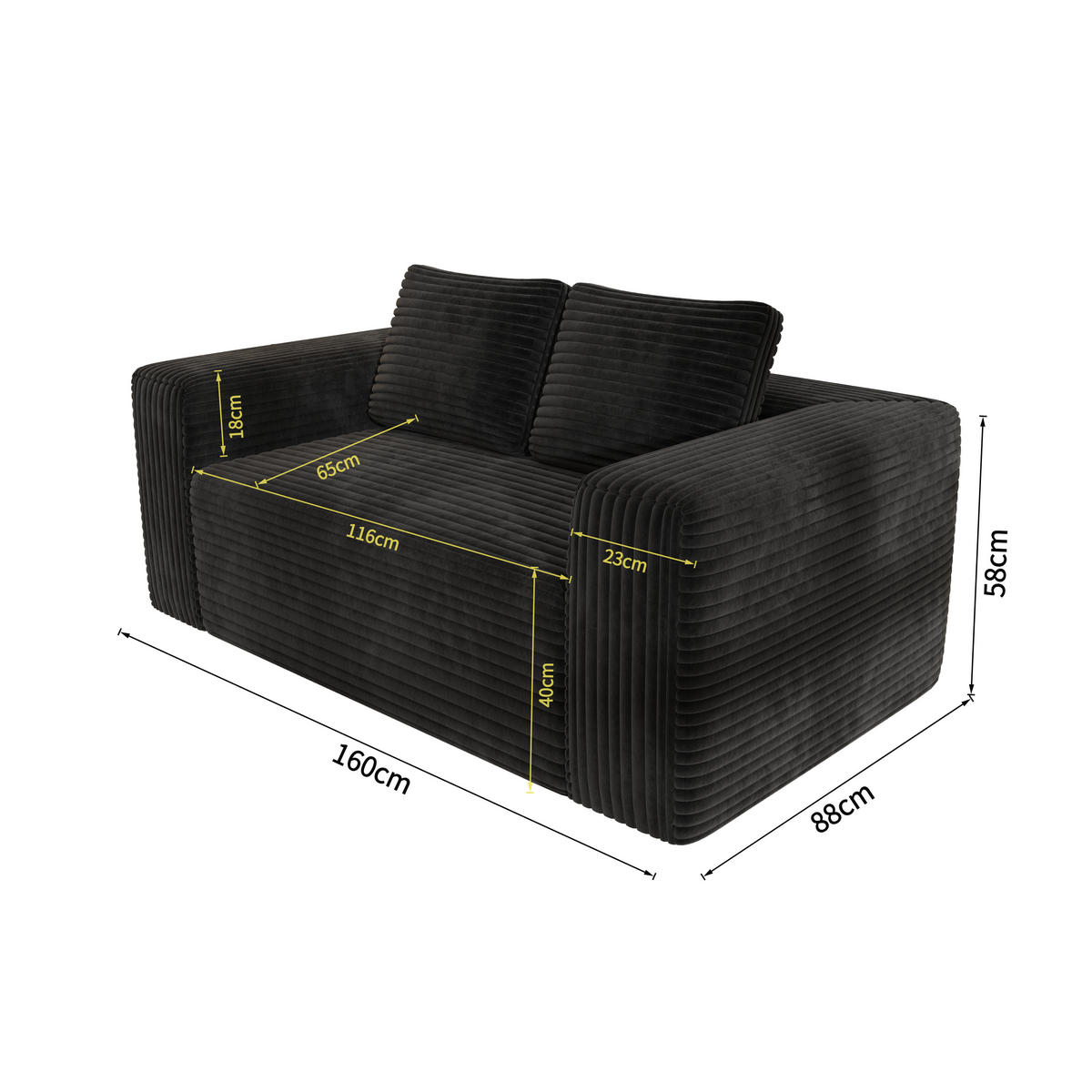 2-SITZER SOFA Cord Schwarz - Schwarz, Textil (160/58/88cm) - WISHDOR