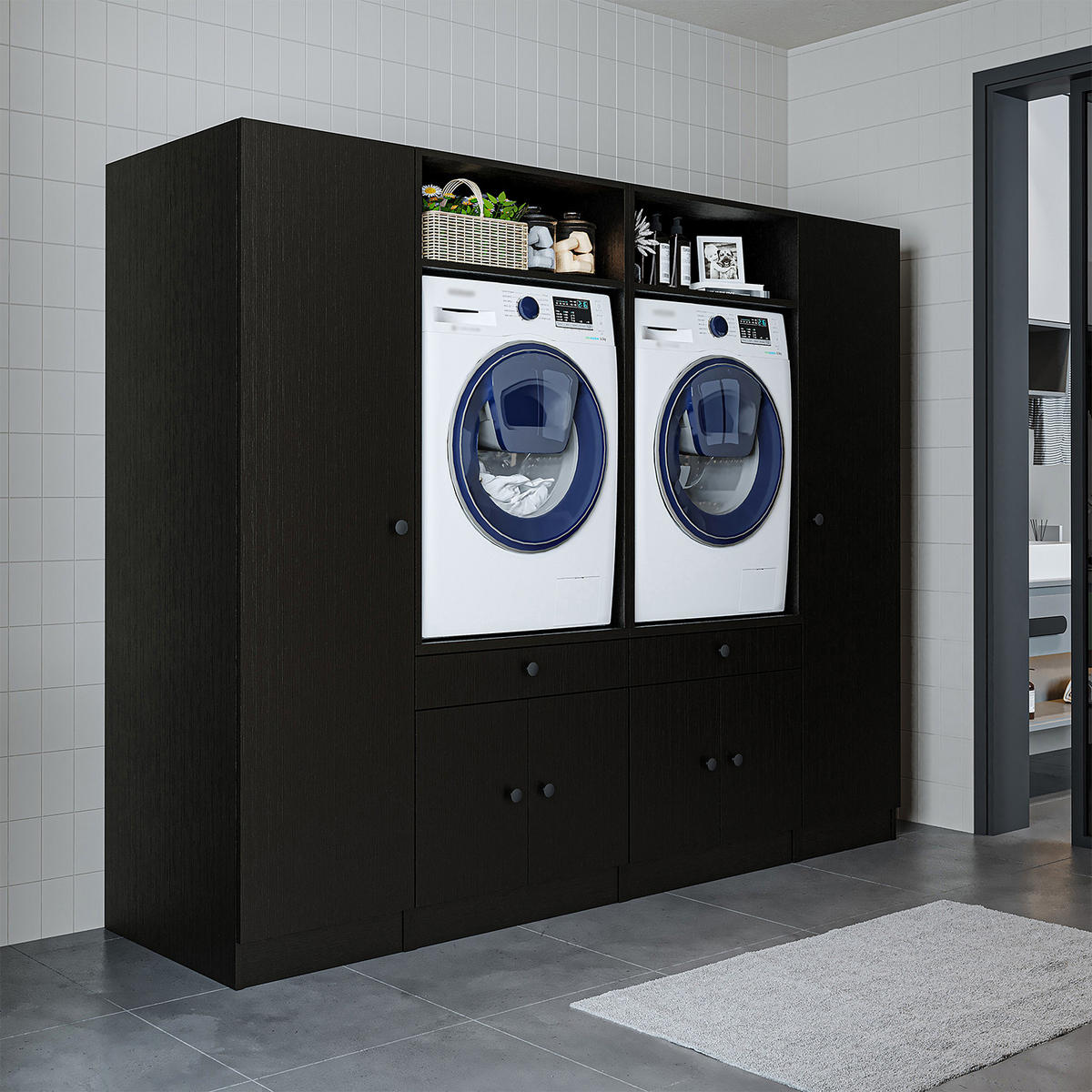 WASCHMASCHINENSCHRANK Serie 1 224cm Breit, 184cm Hoch - Schwarz, Holzwerkstoff (224/184/67cm)