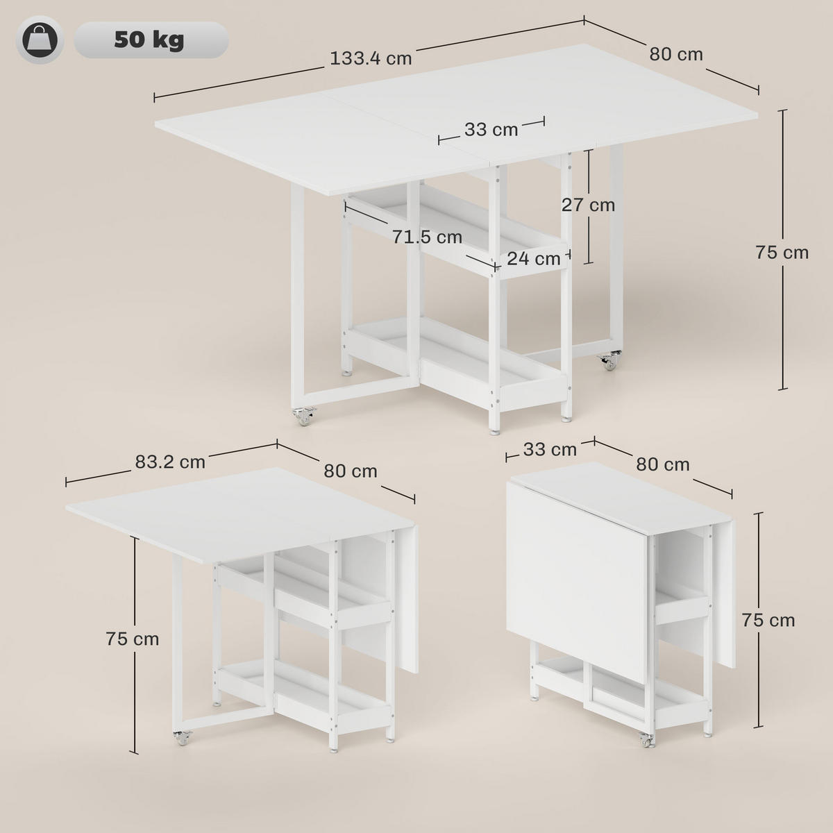 ESSTISCH Weiß 1 Stück - Weiß, Metall (133.4/80/75cm) - GiPP